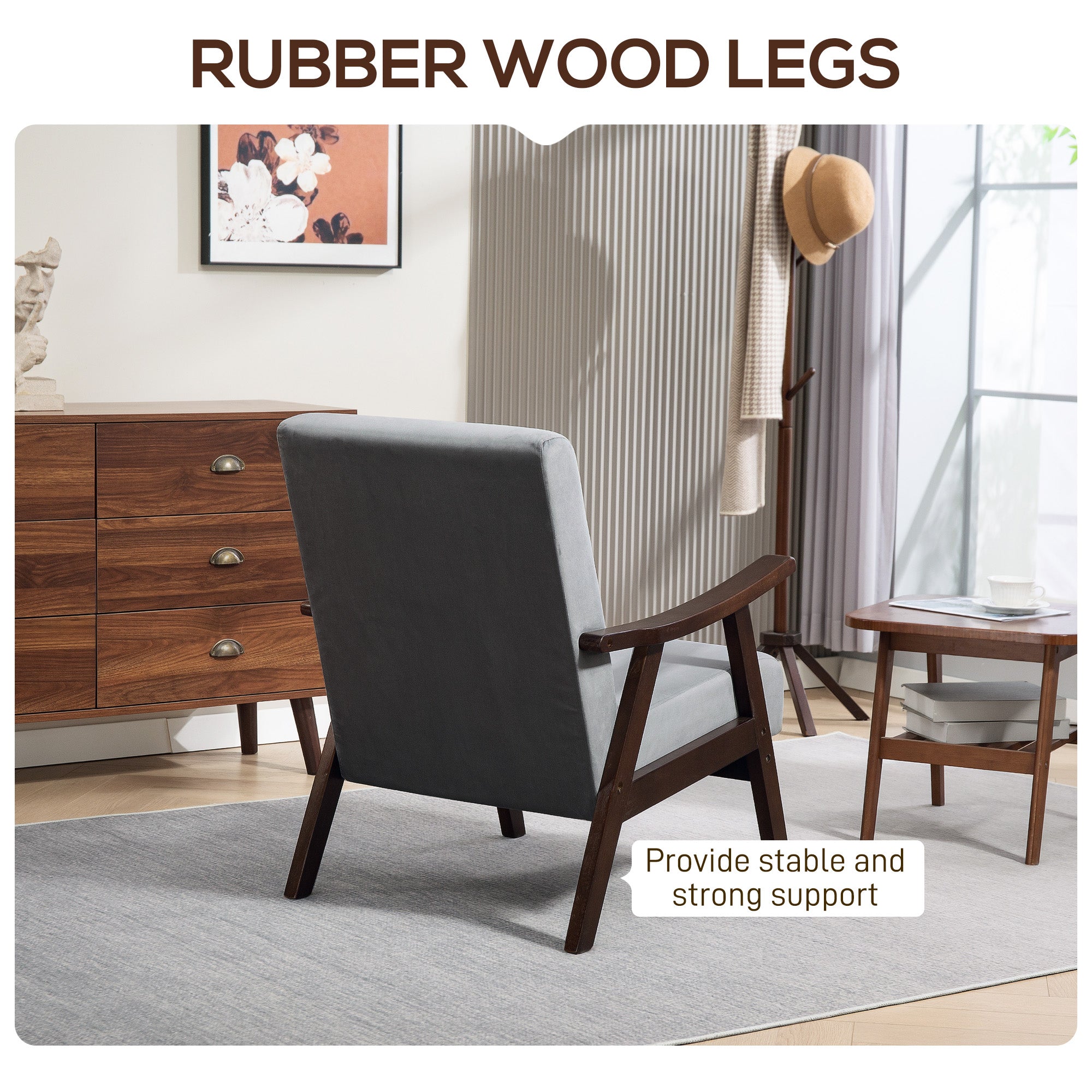 HOMCOM Nordic Accent Chair, Upholstered Velvet Armchair with Solid Wood Frame and Soft Thick Padded for Living Room, Bedroom, Grey - North Peak Garden Furniture