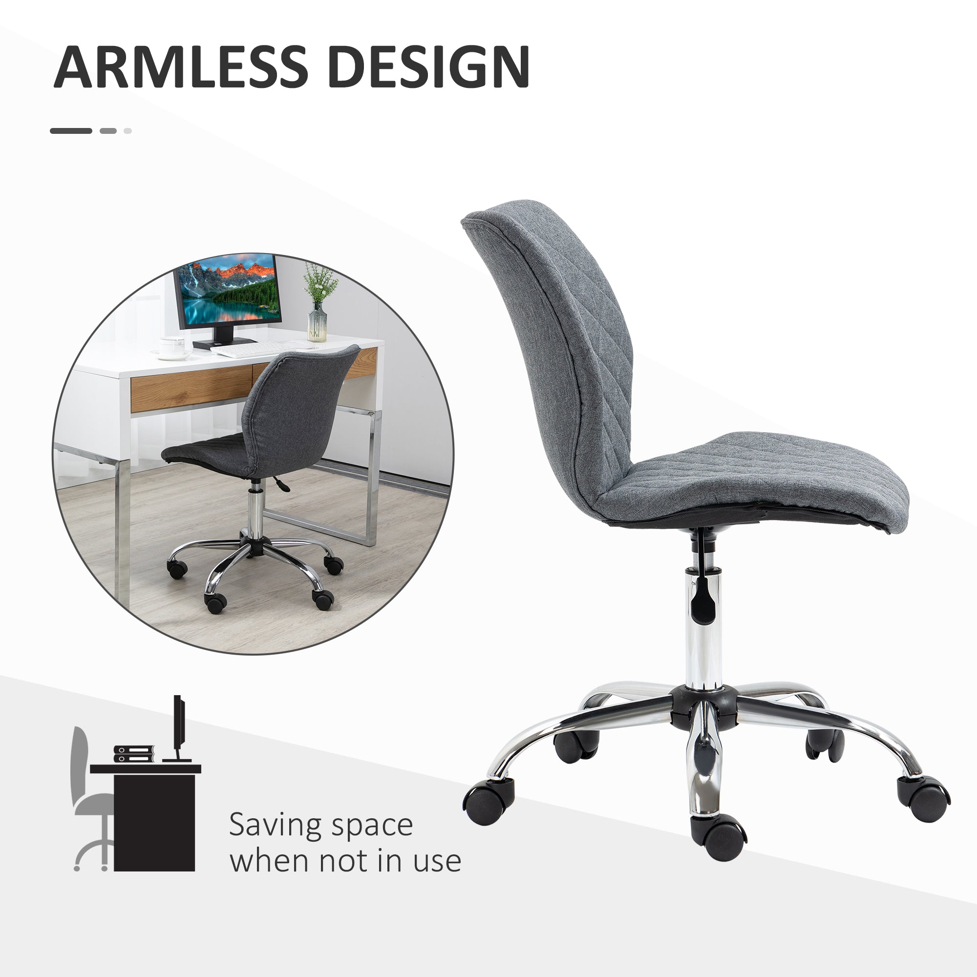 Vinsetto Armless Office Chair Adjustable Computer Chair Swivel Chair with Rolling Wheels and Linen Fabric Back Support for Home Office Students Study Grey - North Peak Garden Furniture
