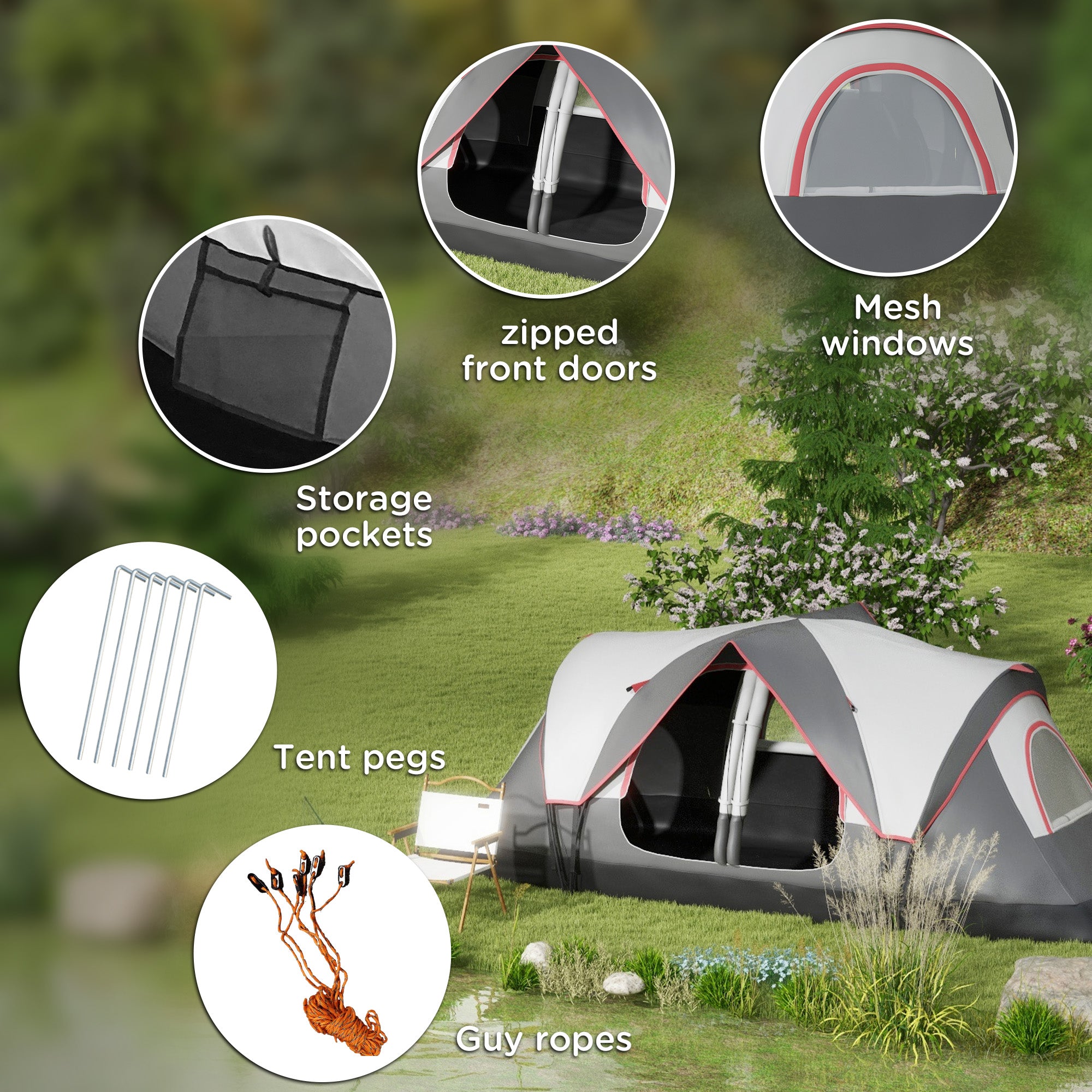 Outsunny Camping Tent for 6-8 Man with 2000mm Waterproof Rainfly and Carry Bag for Fishing Hiking Festival, Grey - North Peak Garden Furniture