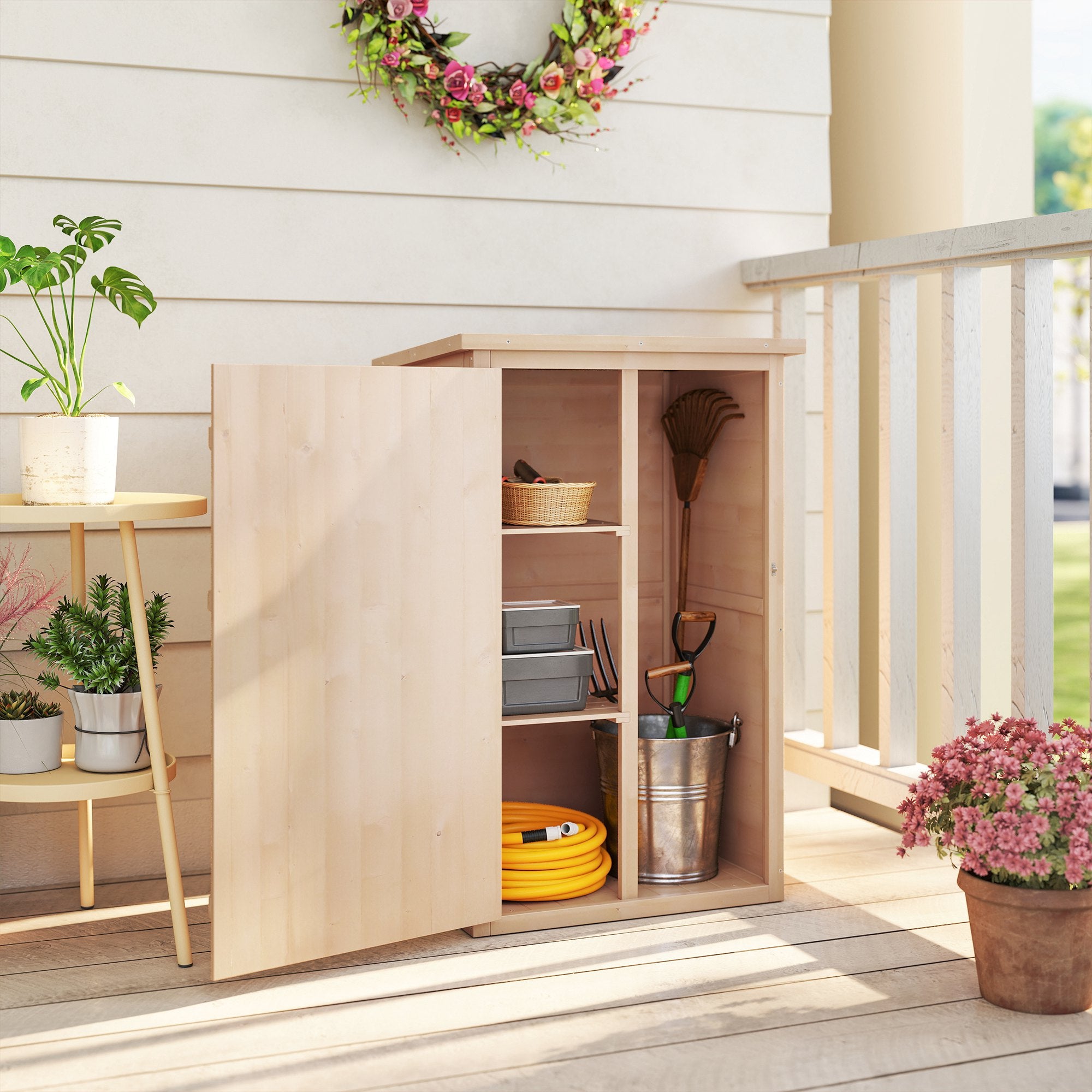 Outsunny Garden Shed Wooden Garden Storage Shed Fir Wood Tool Cabinet Organiser with Shelves 75L x 56W x115Hcm Natural