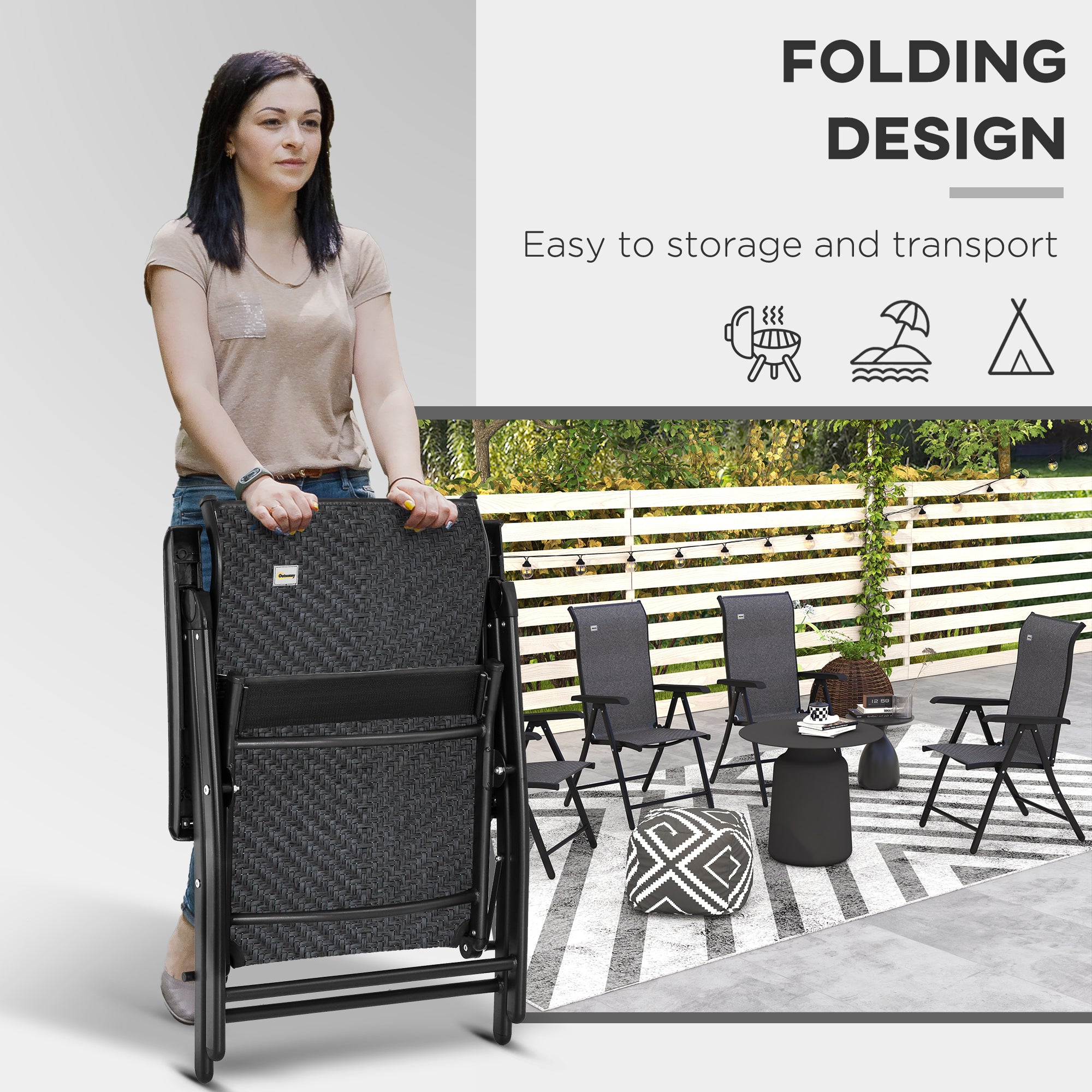 Outsunny Set of Four Folding Garden Chairs, with Seven-Position Adjustable Backs