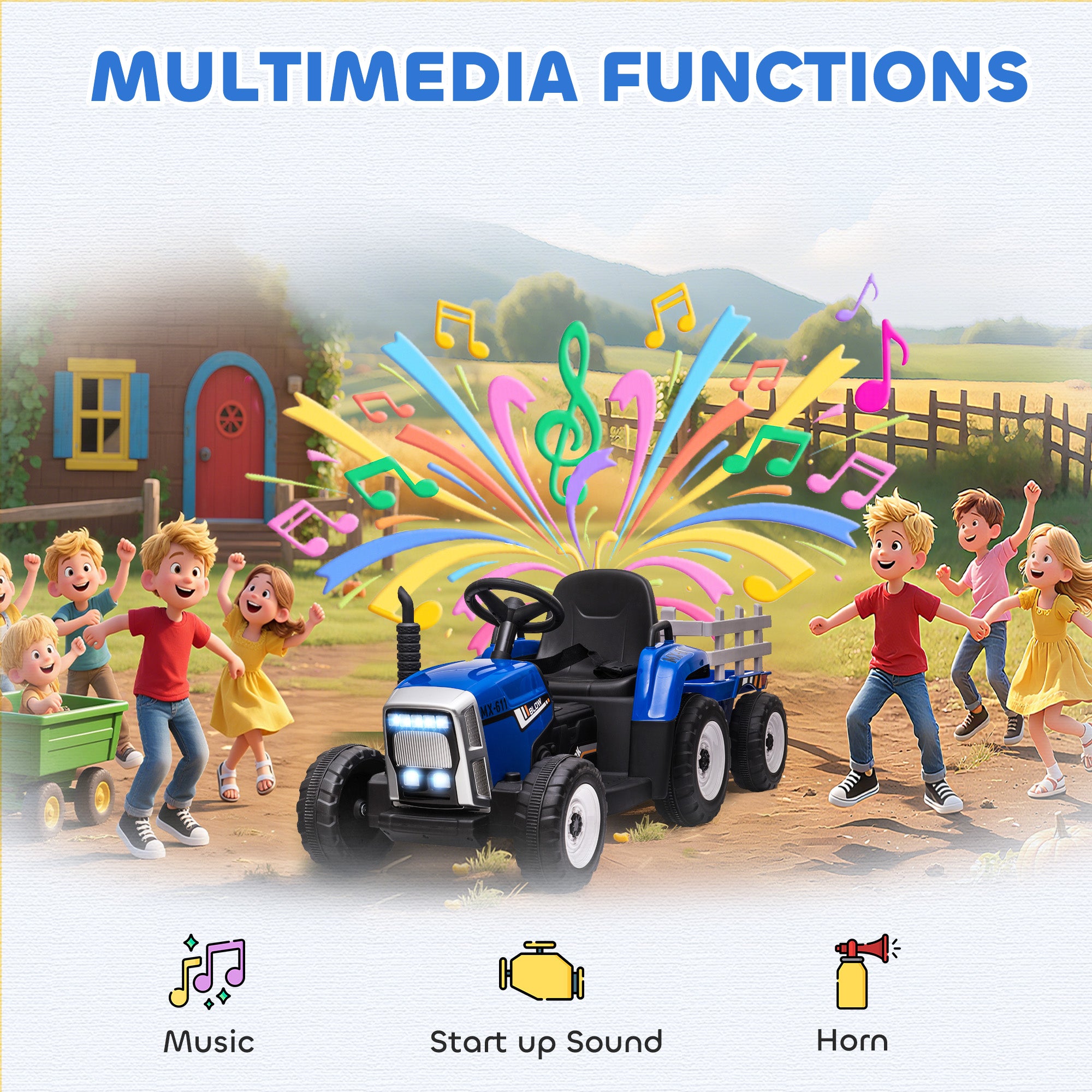 HOMCOM Ride On Tractor, Battery Powered Electric Car, with Detachable Trailer, Remote Control, Music - Blue