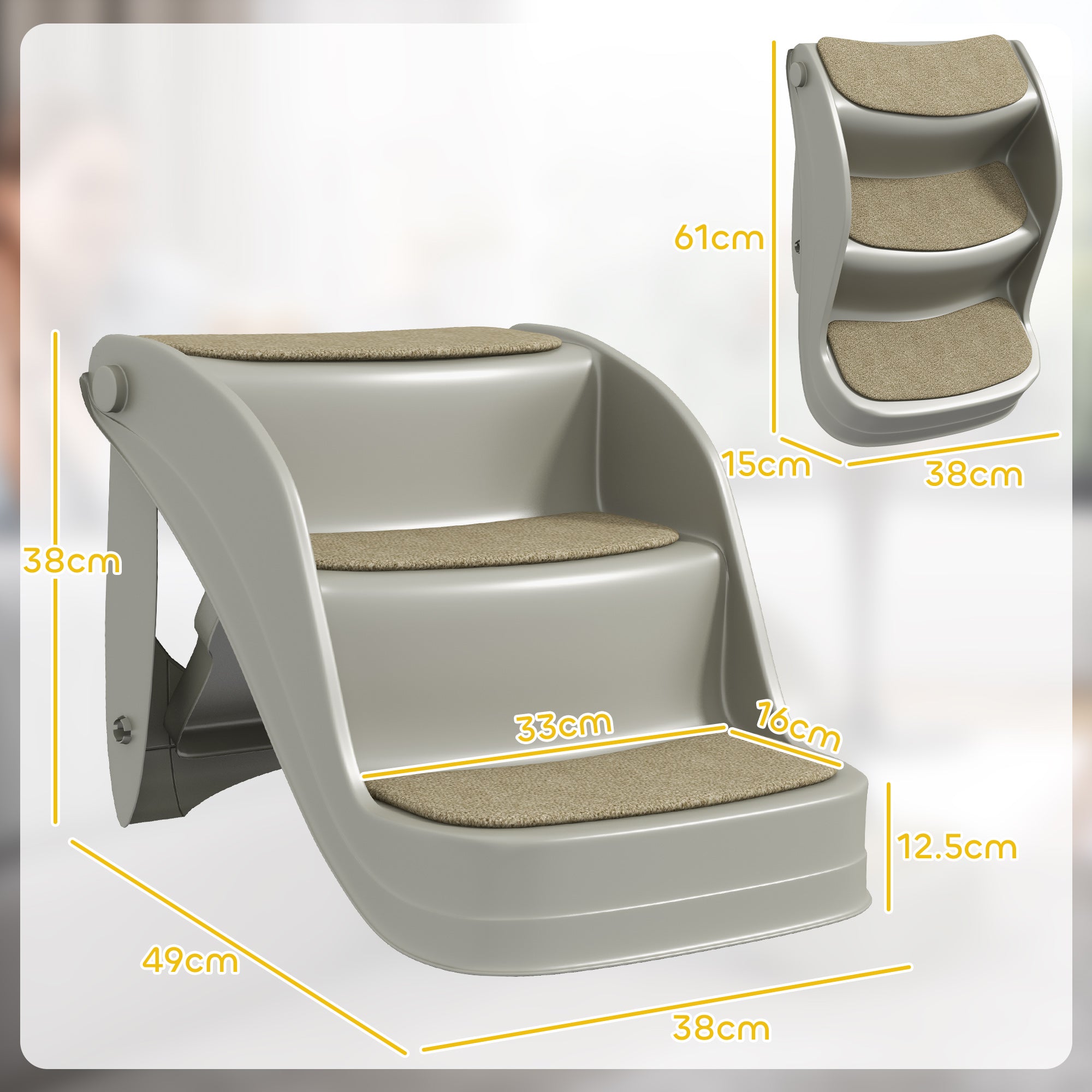PawHut Foldable Pet Stairs 3 Steps with Non-slip Mats for Small Dogs, Grey - North Peak Garden Furniture