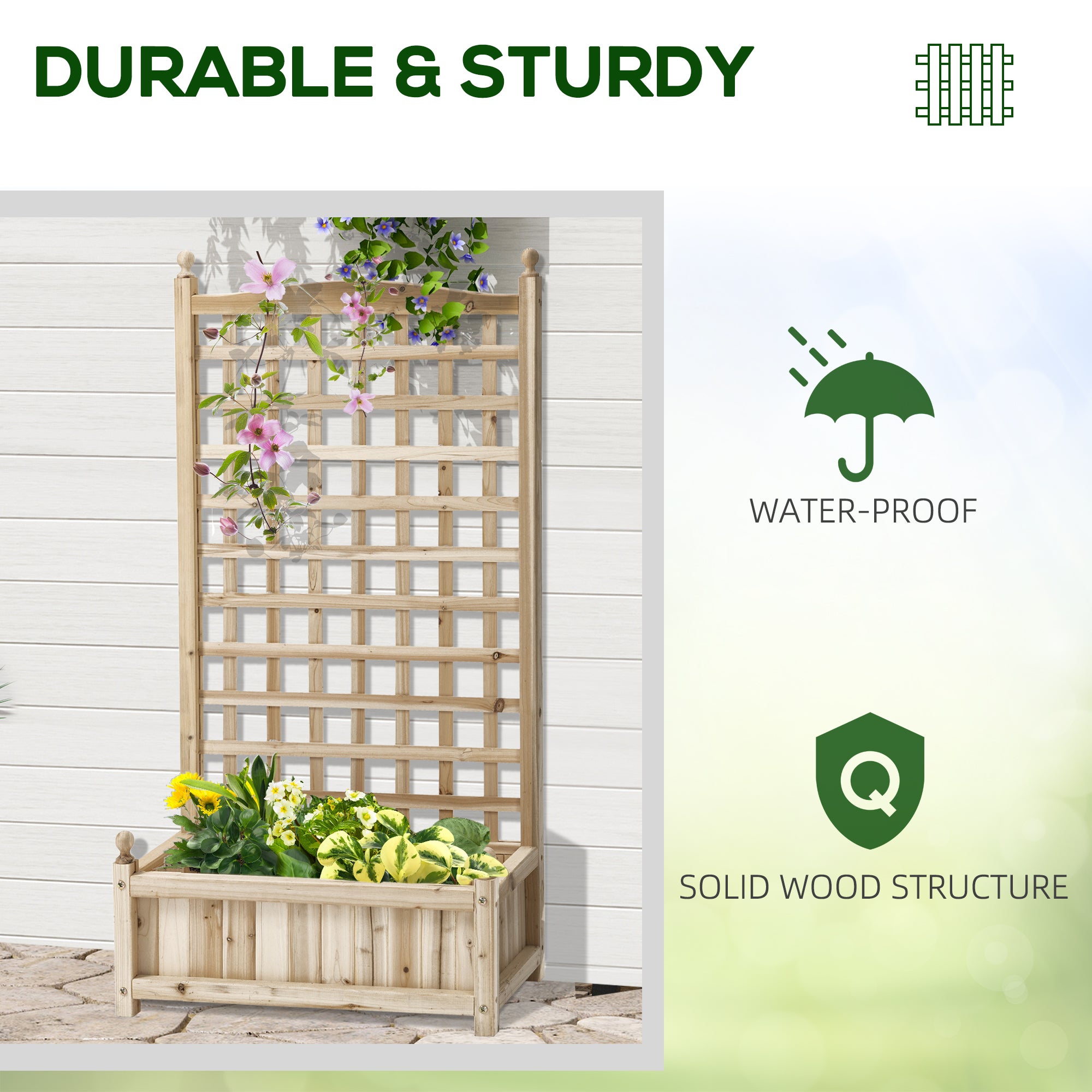 Outsunny Garden Planters with Trellis for Climbing Vines, Wood Raised Beds for Garden, Flower Pot, Indoor Outdoor, Natural