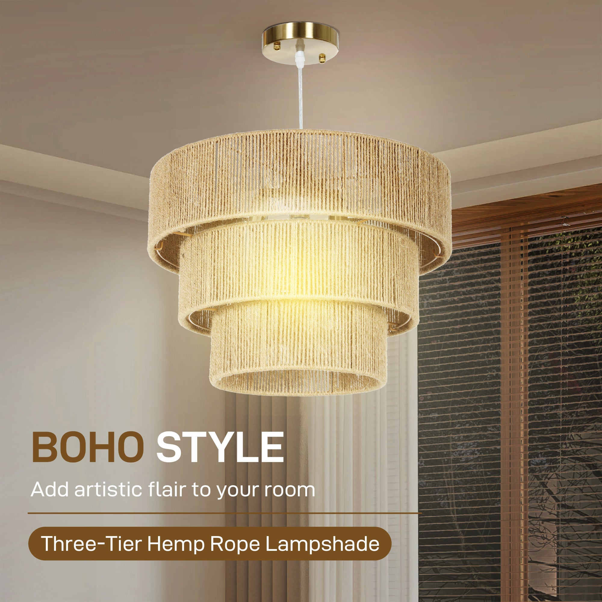 HOMCOM Hemp Rope Ceiling Light, 3-Layer Boho Pendant Light, E14 Vintage Ceiling Lamp Fixtures for Living Room, Bedroom, Kitchen, Hallway, Light Brown - North Peak Garden Furniture