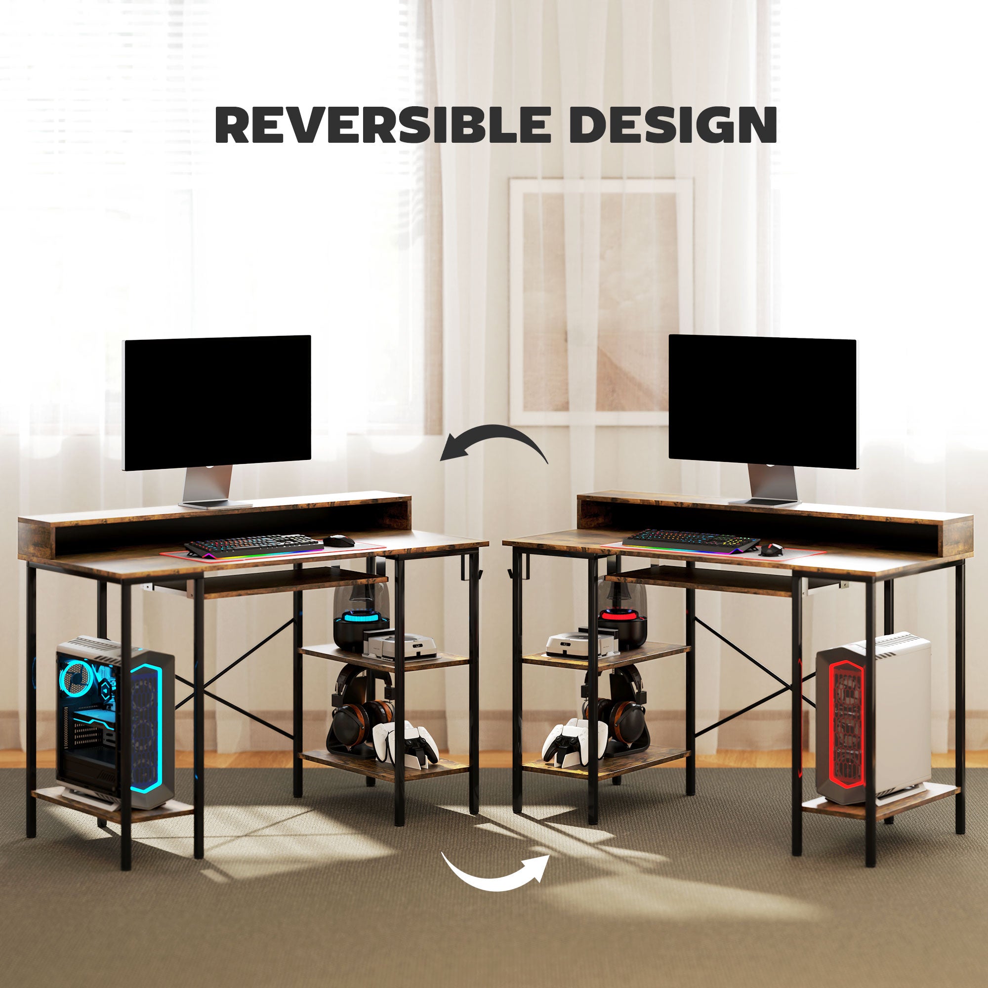 HOMCOM Reversible Computer Desk with LED Lights and Power Outlets, 120 x 55 cm Gaming Desk with Monitor Stand, Sliding Keyboard Tray and Storage Shelves, Industrial Home Office Desk, Rustic Brown - North Peak Garden Furniture
