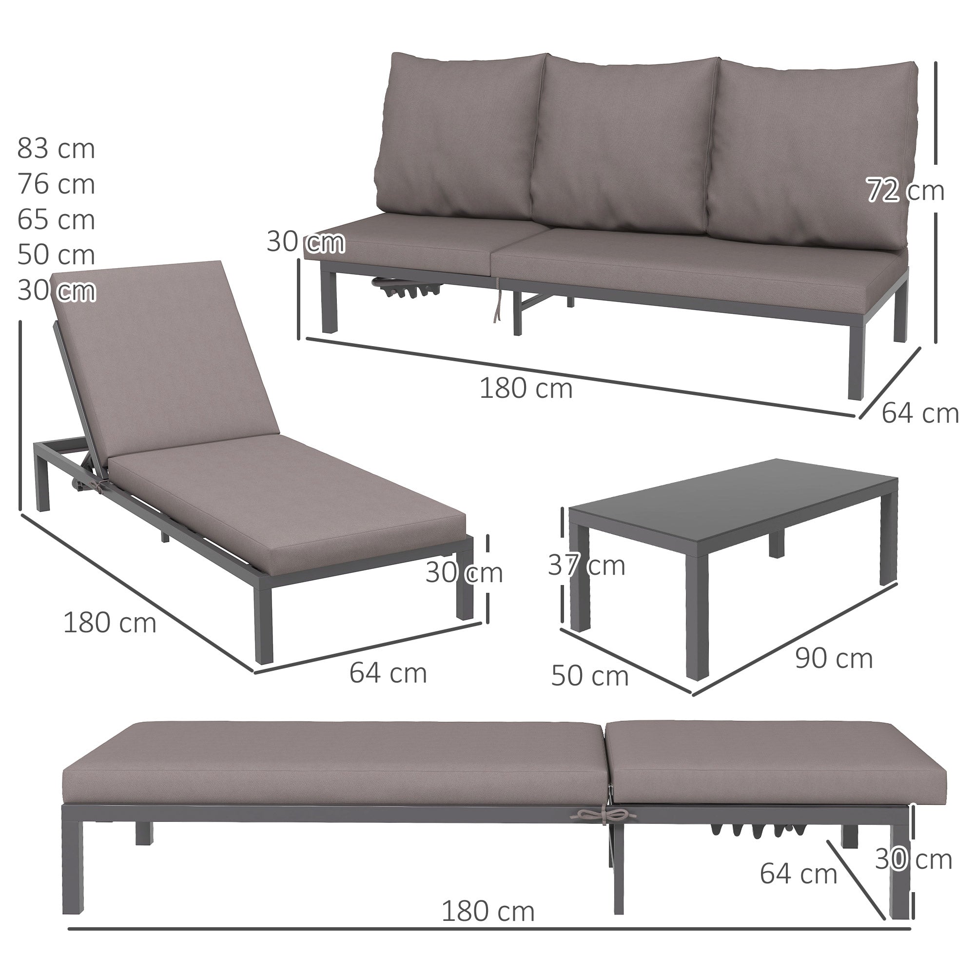 Outsunny Three-Piece Aluminium Lounger Set, with Reclining Backs - North Peak Garden Furniture
