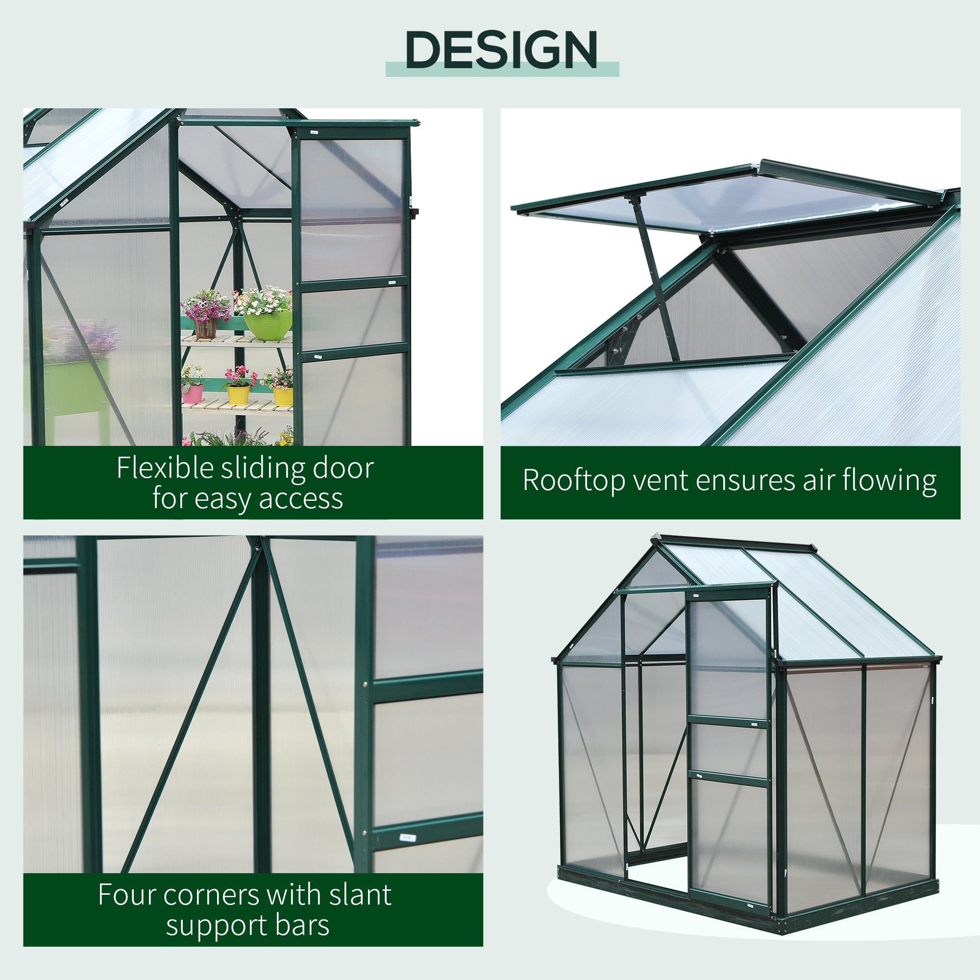 Outsunny 6 x 4ft Polycarbonate Greenhouse, Large Walk-In Green House with Slide Door and Window, Garden Plants Grow House with Aluminium Frame and Foundation, Dark Green - North Peak Garden Furniture