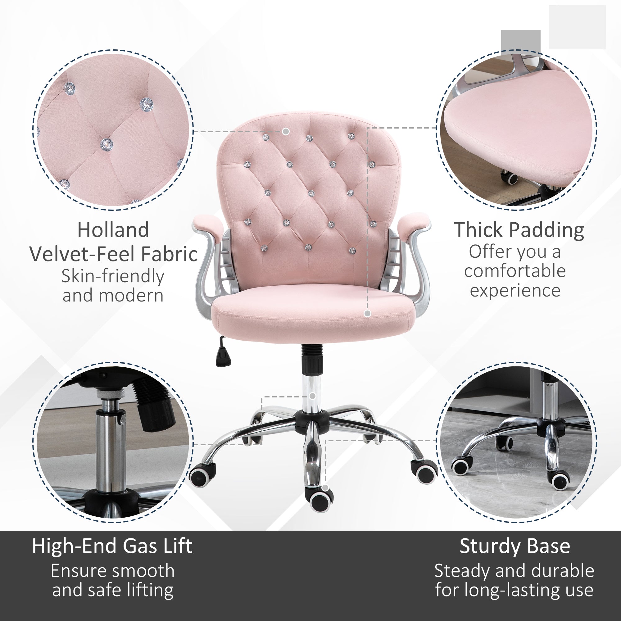 Vinsetto Office Chair, Swivel Desk Chair, Velvet Vanity Chair with Adjustable Height and Rolling Wheels for Home Work Study, Pink - North Peak Garden Furniture