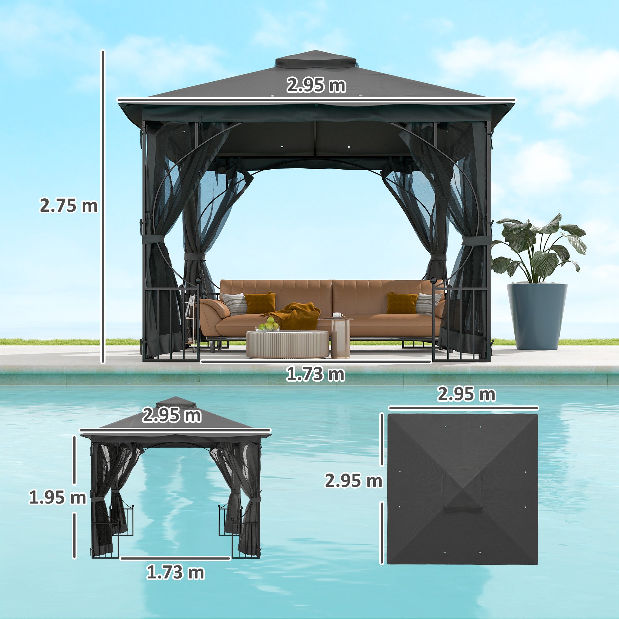 Outsunny 3 x 3(m) Garden Gazebo Patio Party Tent Shelter Outdoor Canopy Double Tier Sun Shade Metal Frame Netting, Dark Grey - North Peak Garden Furniture