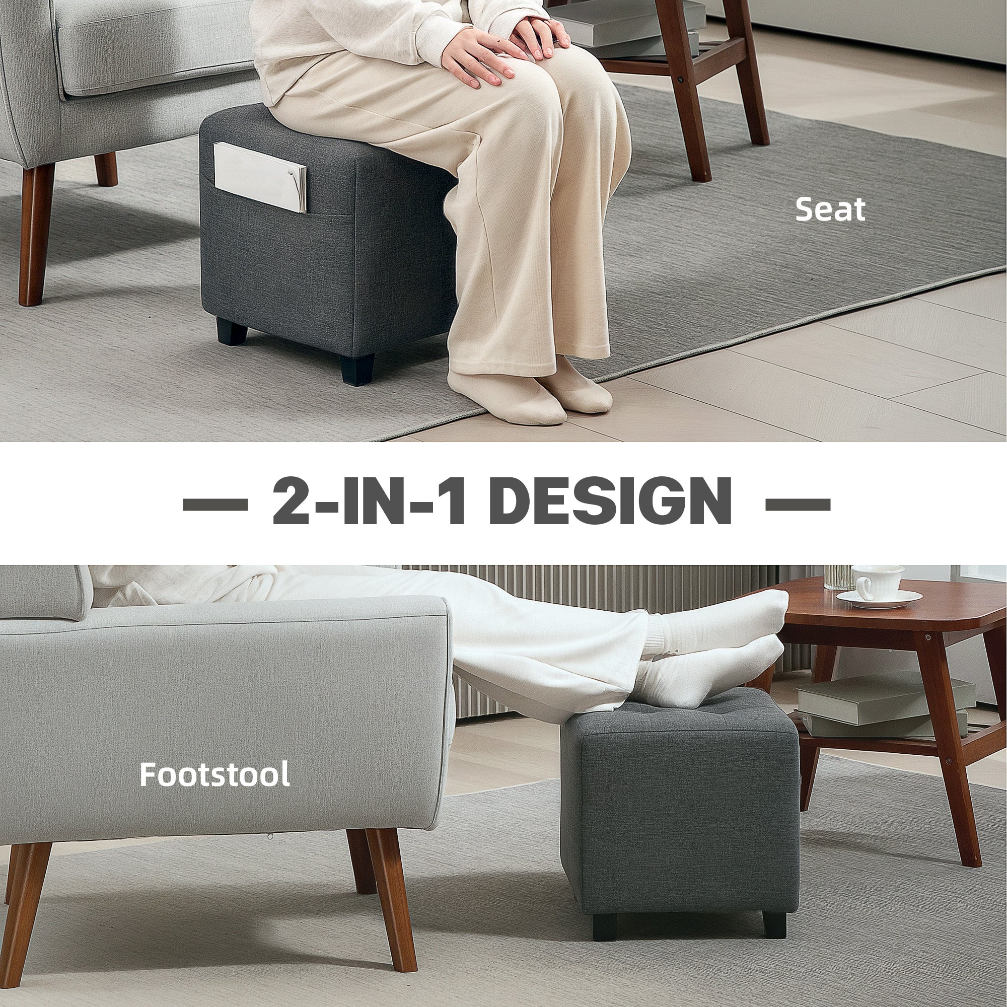 HOMCOM Square Footstool, Small Ottoman with Side Pocket, Linen Fabric Footrest Foot Stool with Rubber Wood Legs and Padded Seat for Living Room, Bedroom, Entryway, 35 x 35 x 35cm, Grey - North Peak Garden Furniture