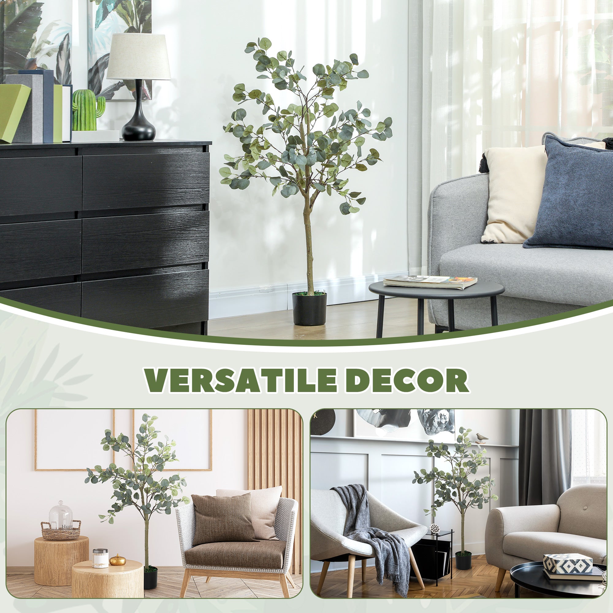 HOMCOM Set of 2 Decorative Artificial Plants, 4ft/ 120cm Silk Eucalyptus Trees with 230 Silver Dollar Leaves in Pot, Fake Plants for Home, Office, Living Room, Indoor Decor - North Peak Garden Furniture