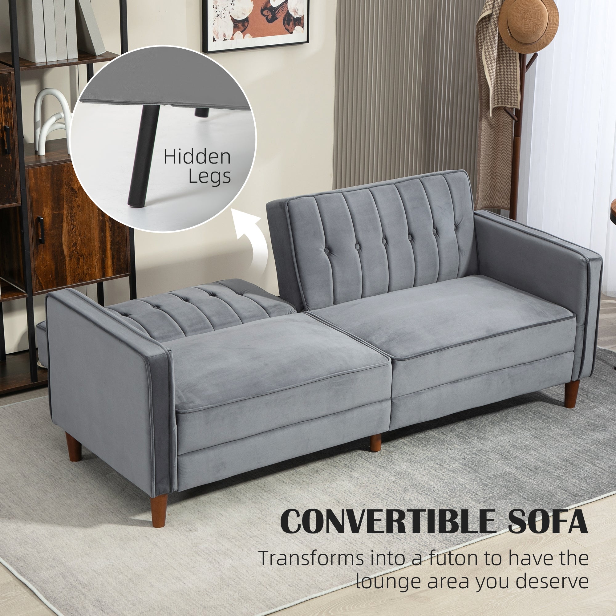 HOMCOM Velvet-Feel Three-Seater Sofa Bed - Dark Grey - North Peak Garden Furniture
