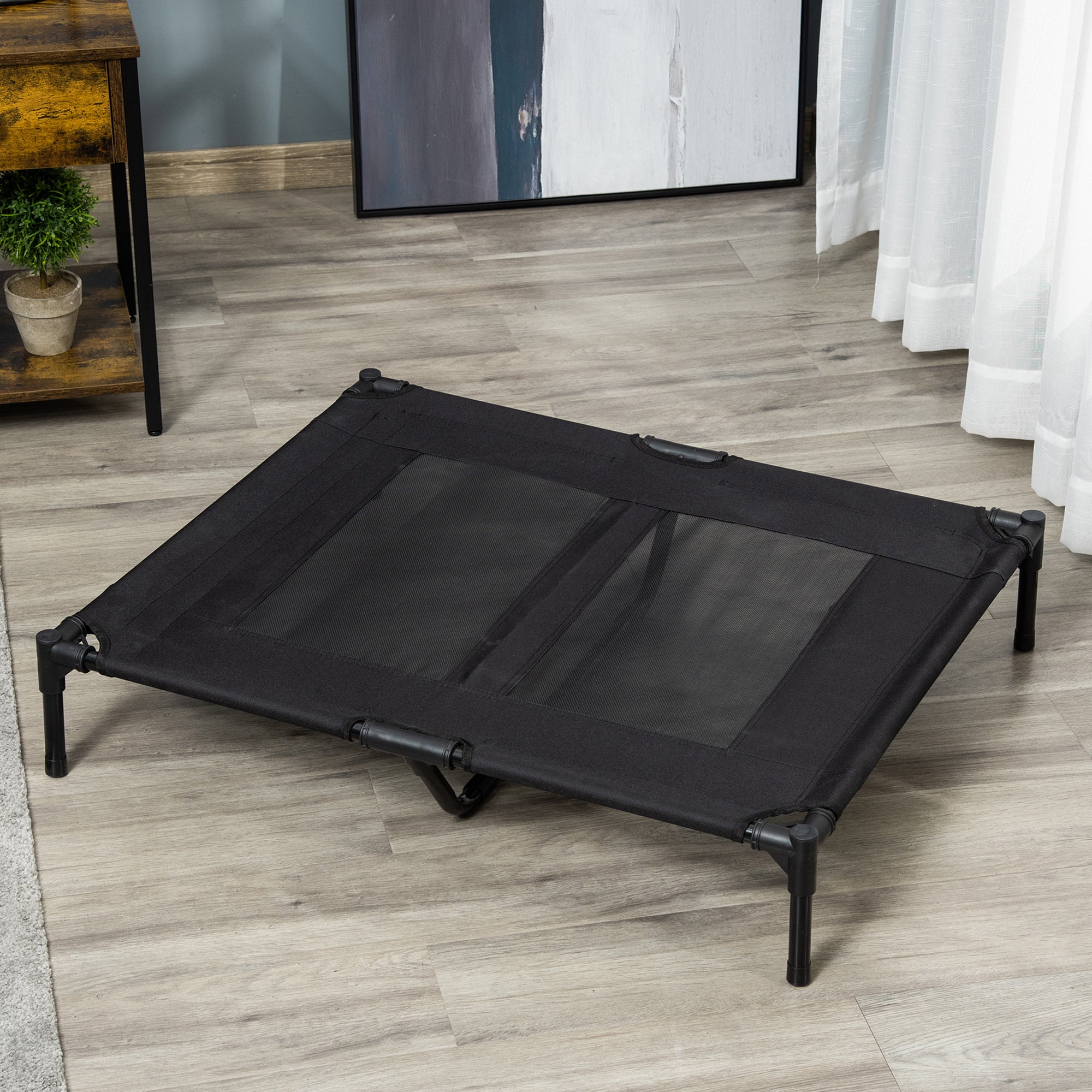 PawHut Large Raised Dog Bed Cat Elevated Lifted Cooling Portable Camping Basket Outdoor Indoor Mesh Pet Cot Metal Frame Black - North Peak Garden Furniture