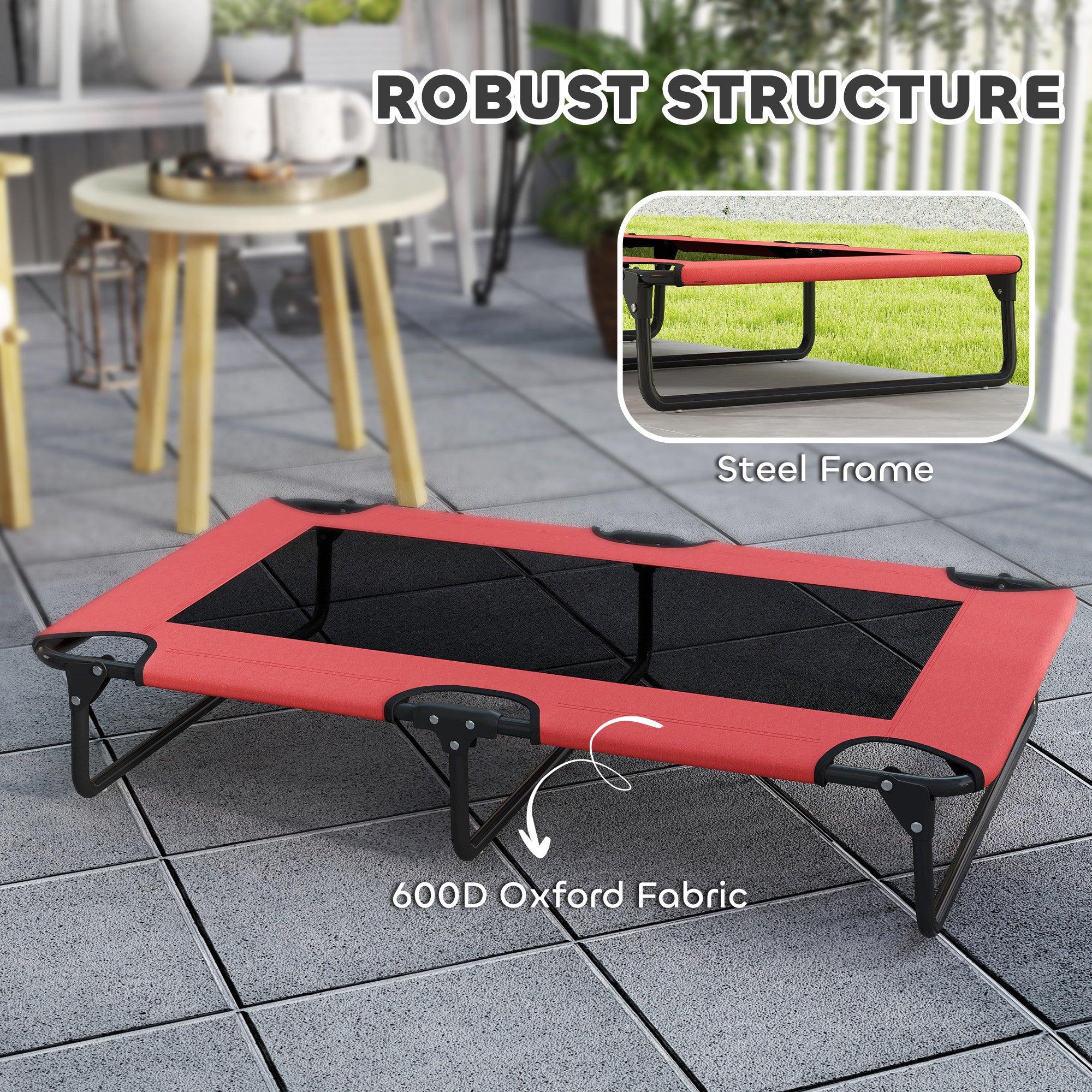PawHut Portable Raised Dog Bed, Elevated Pet Cot with Breathable Mesh for Indoor Outdoor, for Large Dogs, Red - North Peak Garden Furniture