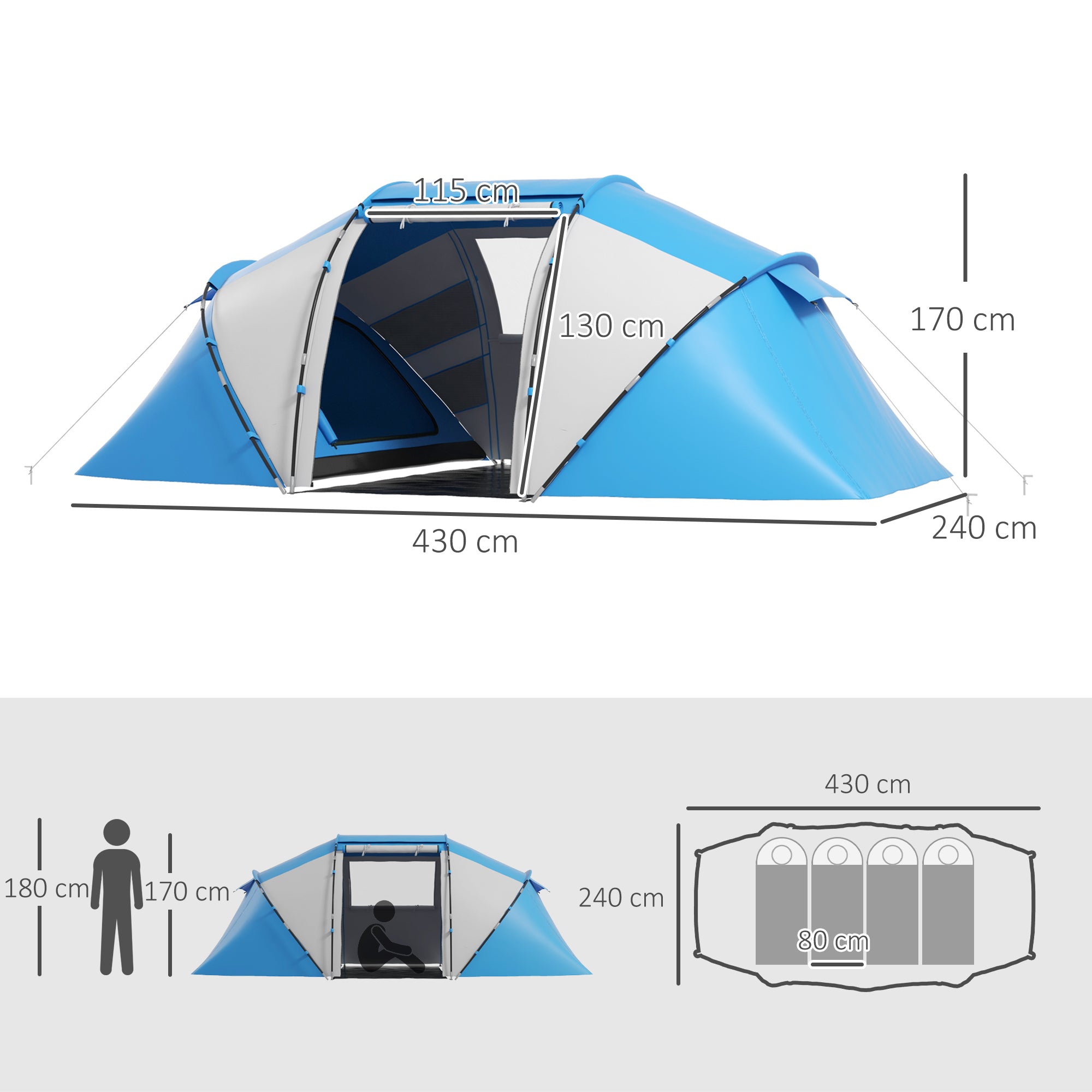 Outsunny 4-6 Man Camping Tent w/ Two Bedroom, Hiking Sun Shelter, UV Protection Tunnel Tent, Blue and White - North Peak Garden Furniture