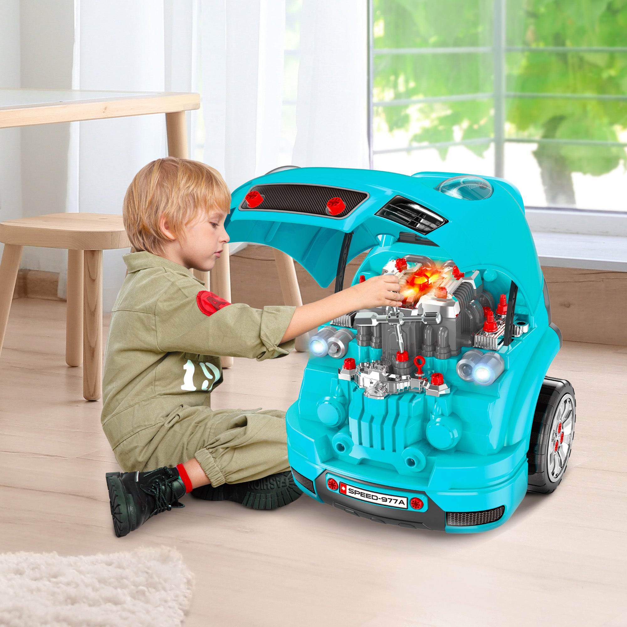 HOMCOM Kids Truck Engine Toy Set, with Horn, Light, Car Key, for Ages 3-5 Years - Teal - North Peak Garden Furniture