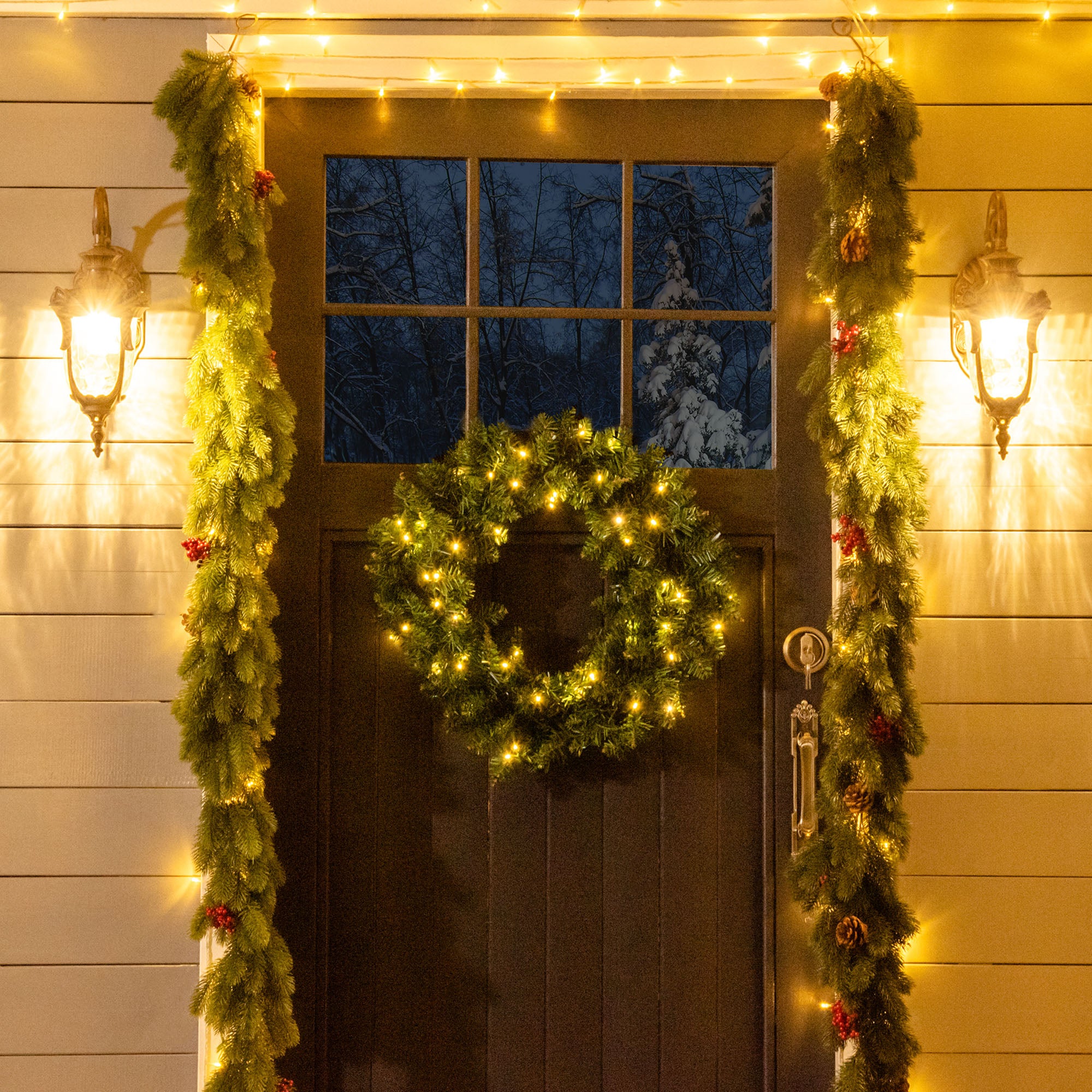 HOMCOM 55CM Pre-lit Christmas Wreath with 50 Warm White LED Ideal Xmas Artificial Door Decoration - North Peak Garden Furniture