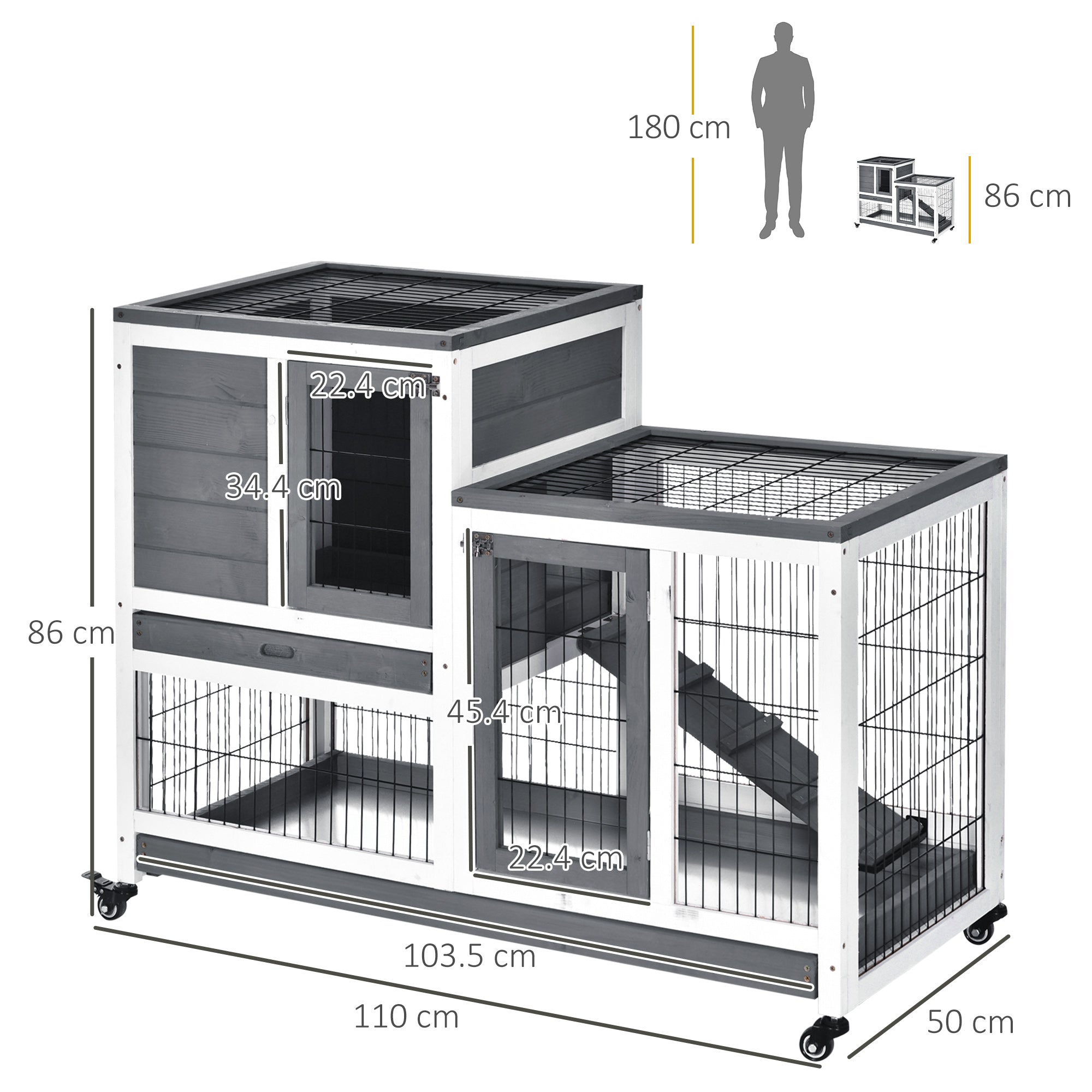 PawHut Wooden Indoor Rabbit Hutch Guinea Pig House Bunny Small Animal Cage W/ Wheels Enclosed Run 110 x 50 x 88 cm, Grey - North Peak Garden Furniture