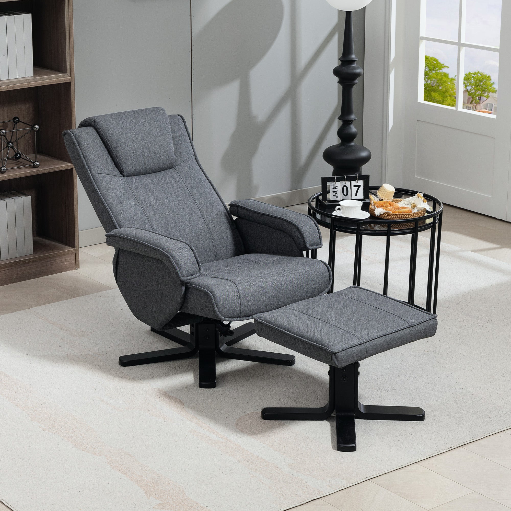 HOMCOM Rocker Swivel Recliner Chair with Footstool - Charcoal Grey Linen - North Peak Garden Furniture