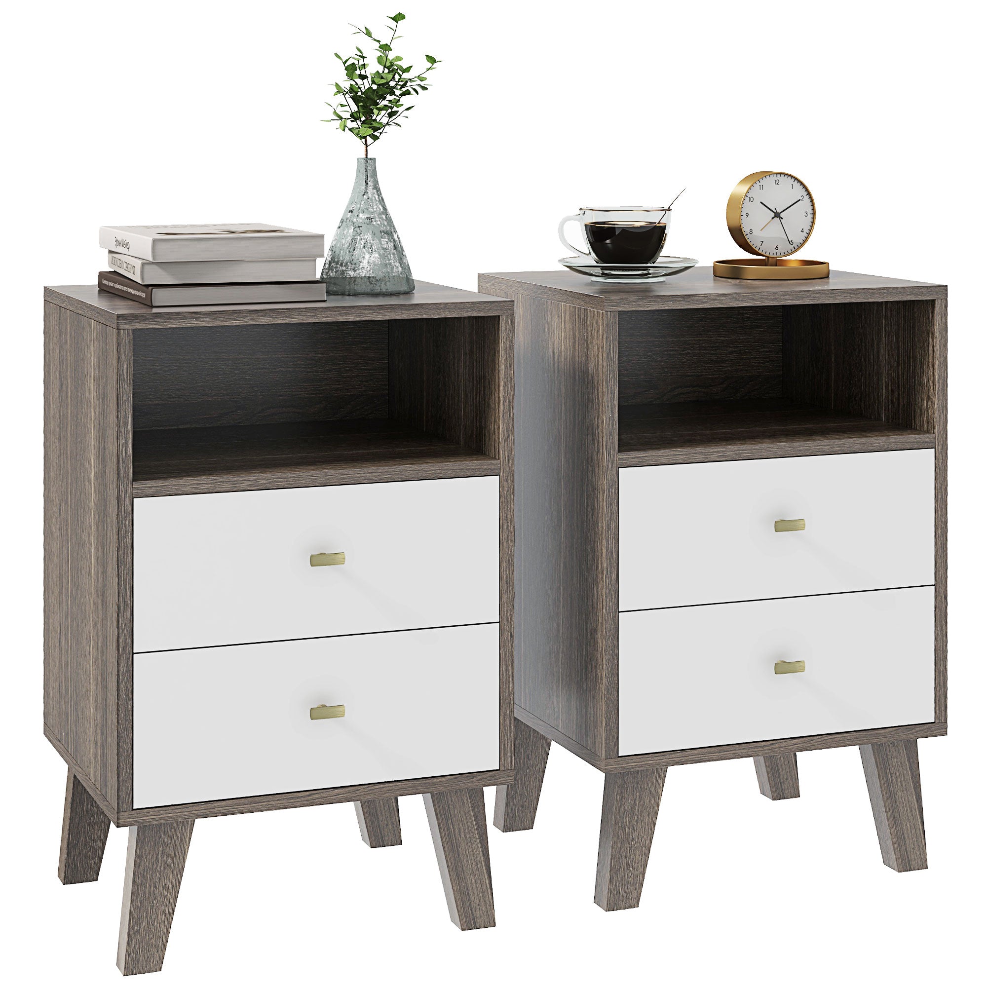 HOMCOM Industrial-Scandinavian Mix Bedside Table, with Drawers and Shelf - North Peak Garden Furniture