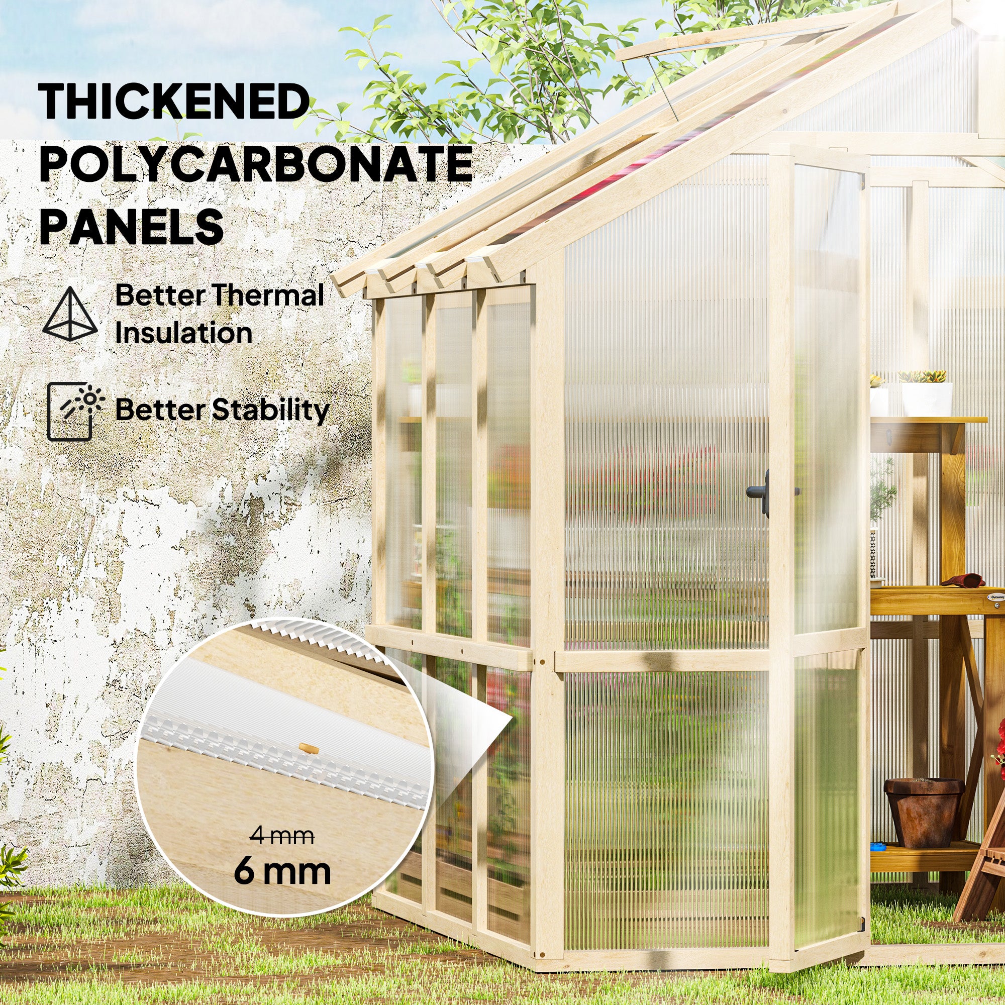 Outsunny 6.6 x 6ft Polycarbonate Greenhouse, Walk-in Wooden Greenhouse with Lockable Door and Window, Garden Plants Grow House, Brown - North Peak Garden Furniture