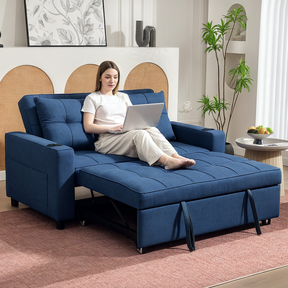 HOMCOM Two-Seater Pull-Out Sofa Bed - Dark Blue