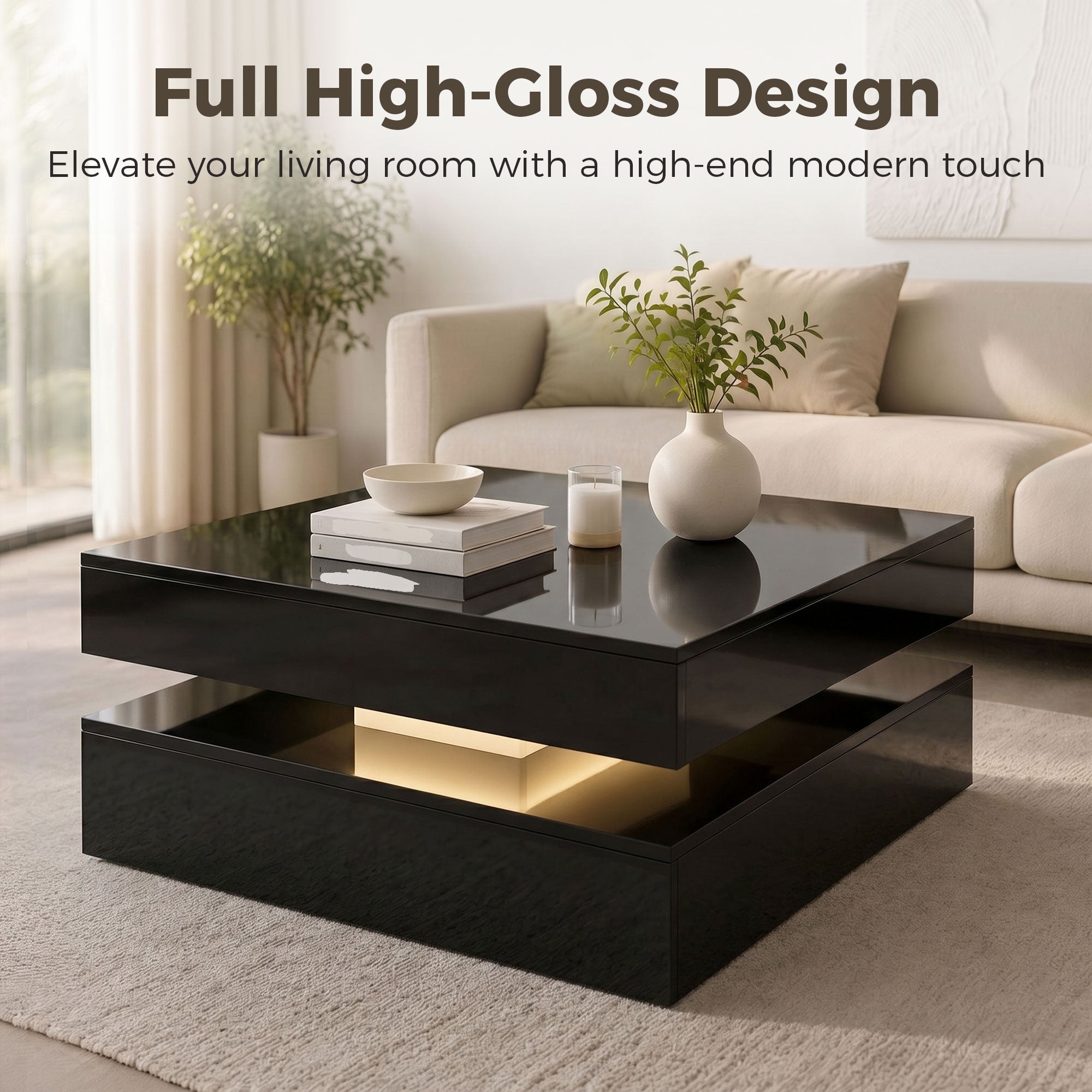 HOMCOM LED Coffee Table with Storage, 2-Tier Modern Centre Table with Open Shelf and Remote for Living Room, High Gloss Black
