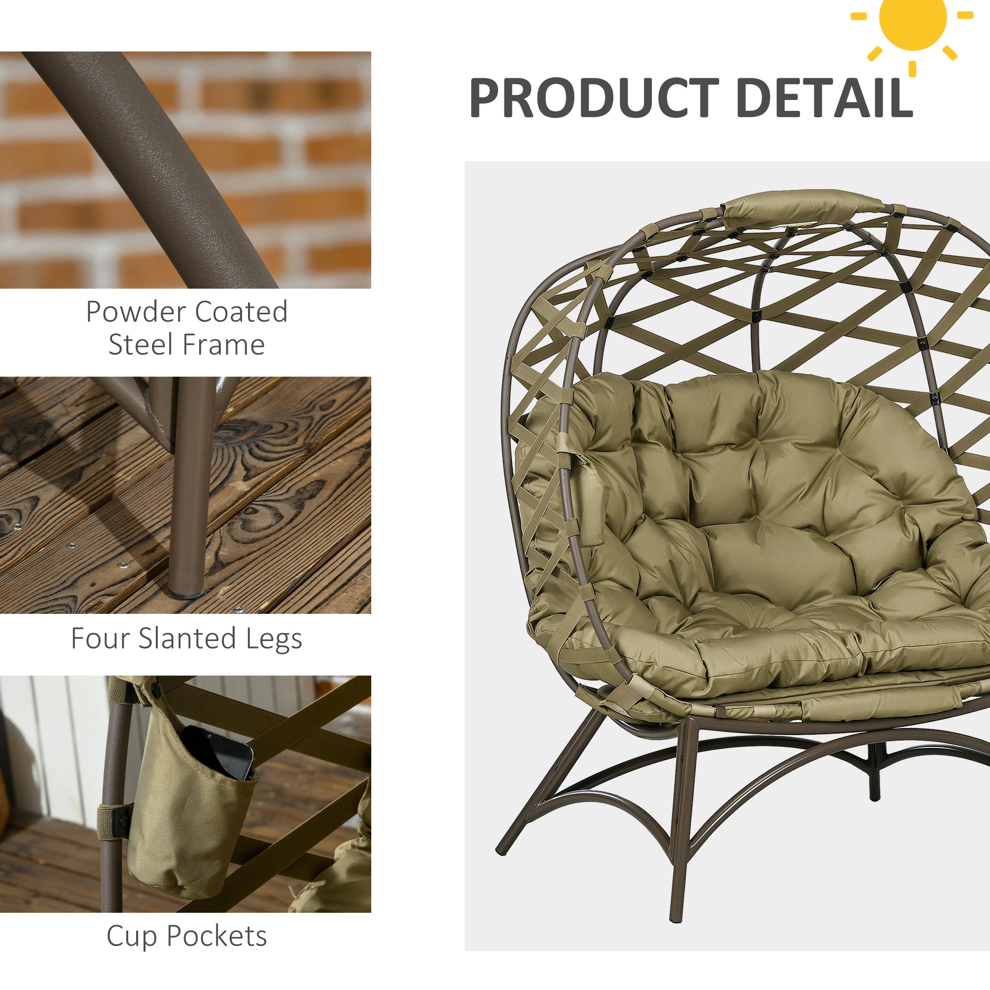 Outsunny 2 Seater Egg Chair Outdoor, Folding Weave Garden Furniture Chair with Cushion, Cup Pockets - Khaki - North Peak Garden Furniture