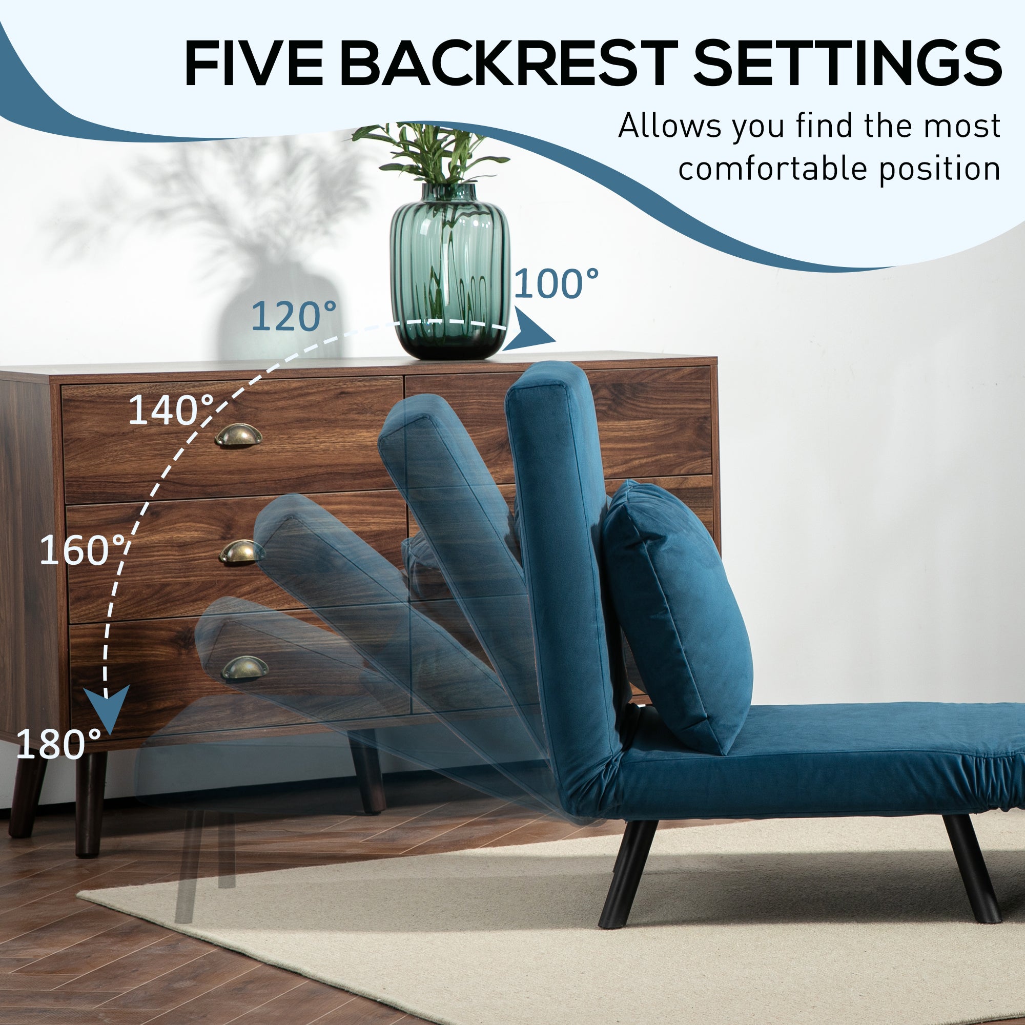 HOMCOM 4-in-1 Velvet-Feel Single Chair Bed, with Pillow - Navy Blue - North Peak Garden Furniture