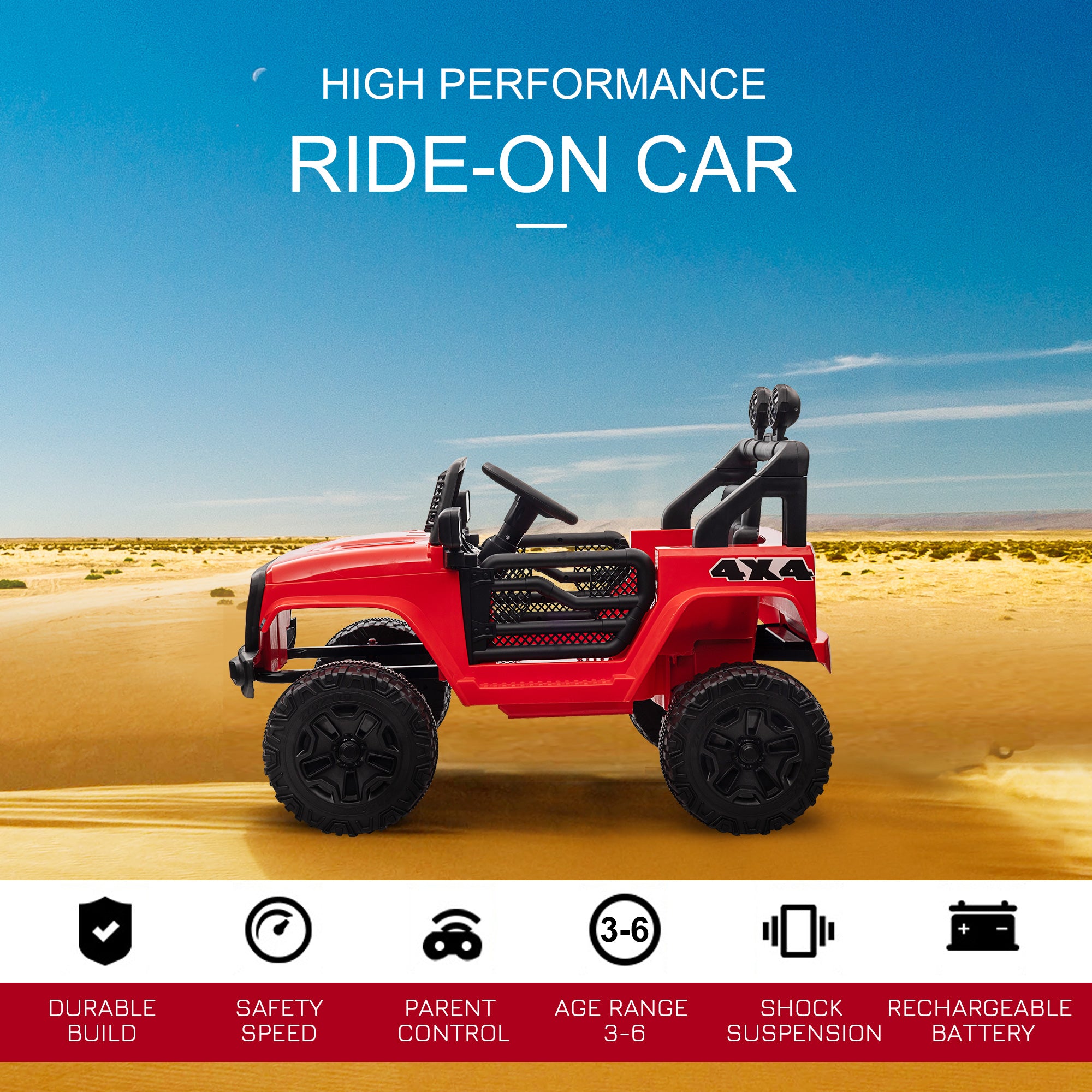 HOMCOM Kids Electric Ride On Car 12V Off Road Toy with Parental Remote Control 2 Motors Horn Lights Suspension Wheels for 3-6 Years Old Red - North Peak Garden Furniture