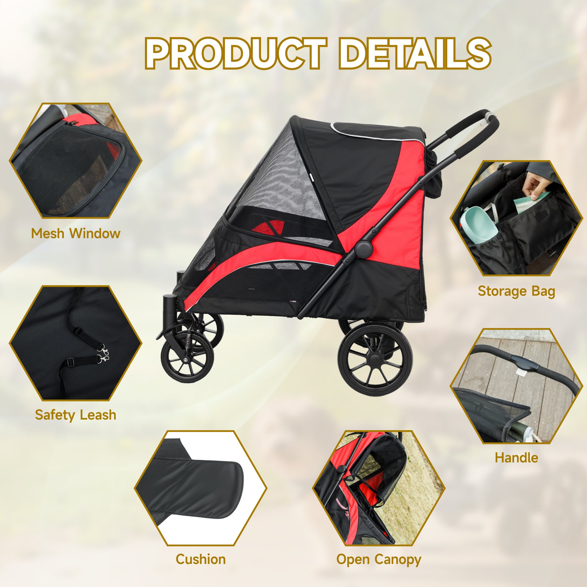 PawHut Foldable Pet Stroller for Large Dogs with Four Big Wheels, Shock-Absorbing Frame, Safety Leashes, Brakes, Red/Black