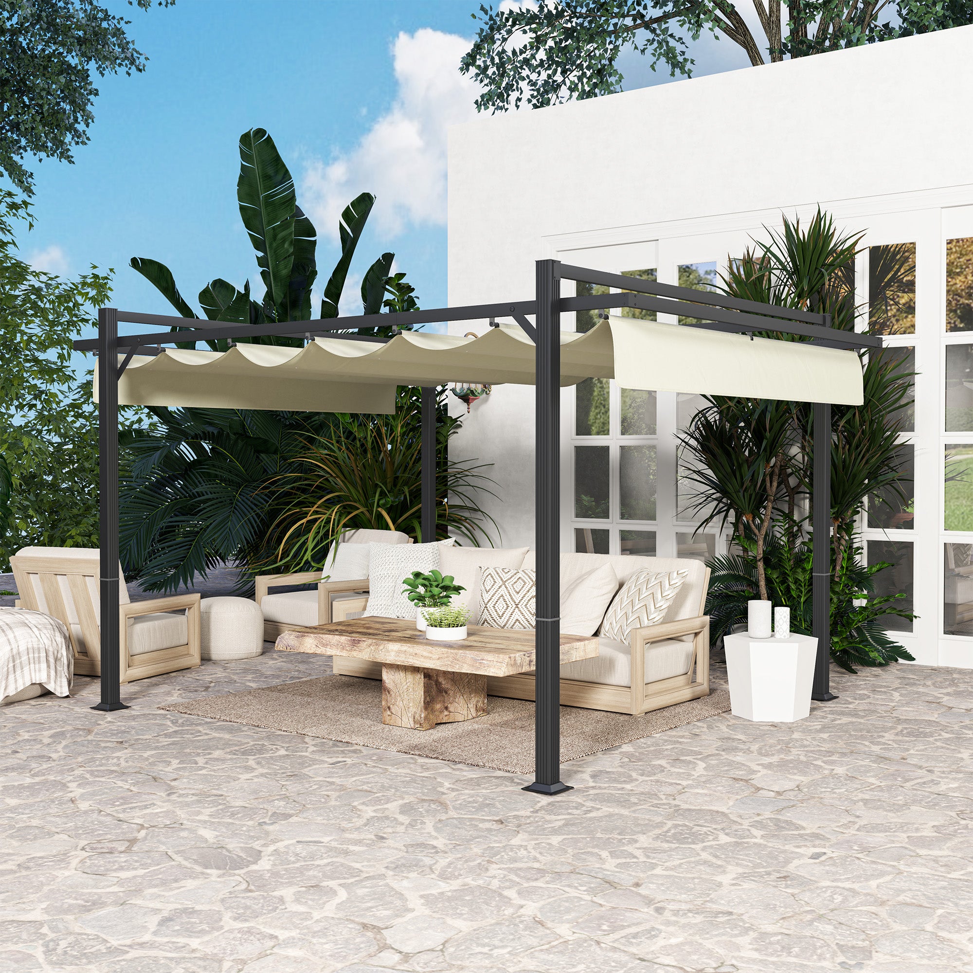 Outsunny 3 x 4m Aluminium Pergola, with Retractable Roof - Grey/Khaki - North Peak Garden Furniture