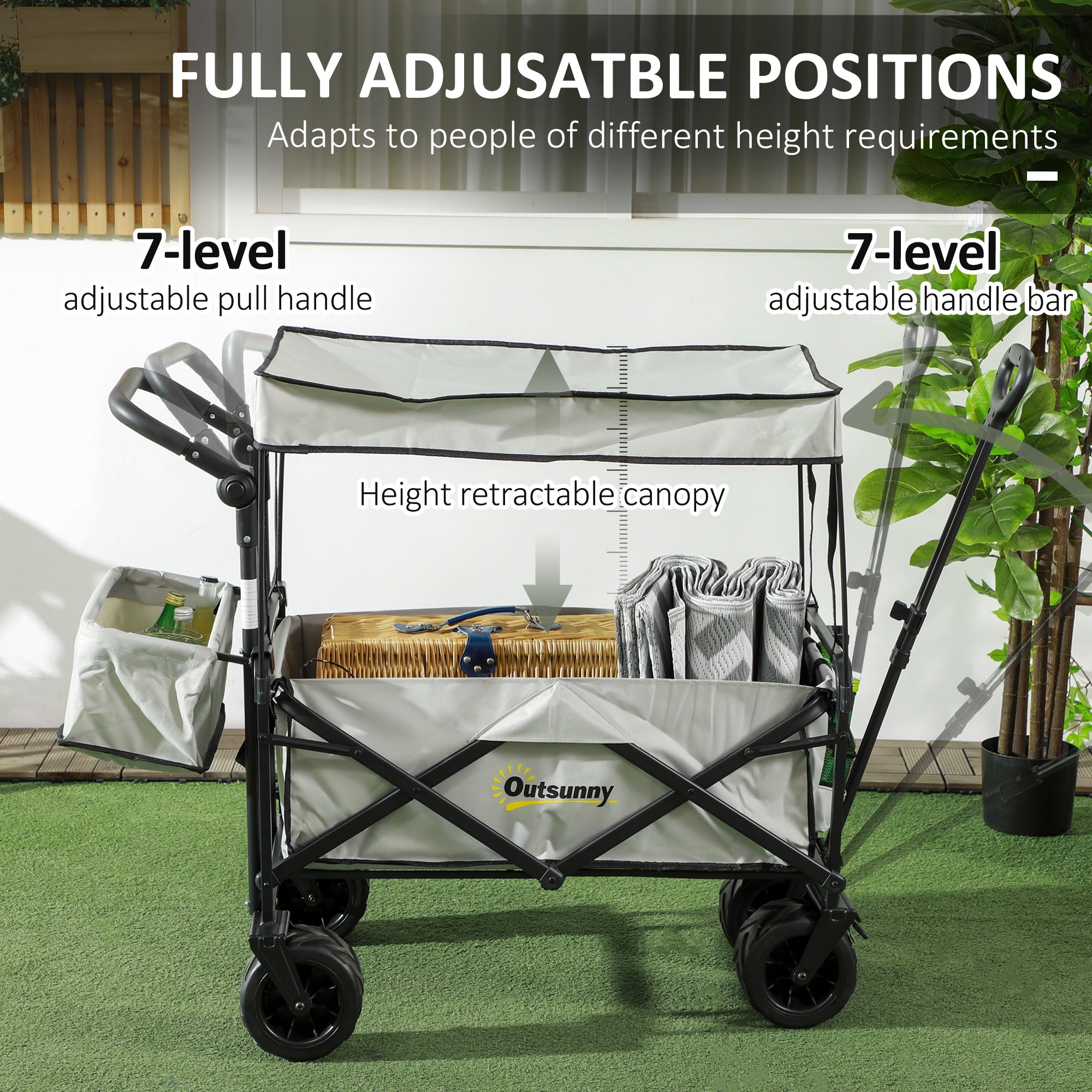 Outsunny Folding Trolley Cart Storage Wagon Beach Trailer 4 Wheels with Handle Overhead Canopy Cart Push Pull for Camping, Grey - North Peak Garden Furniture