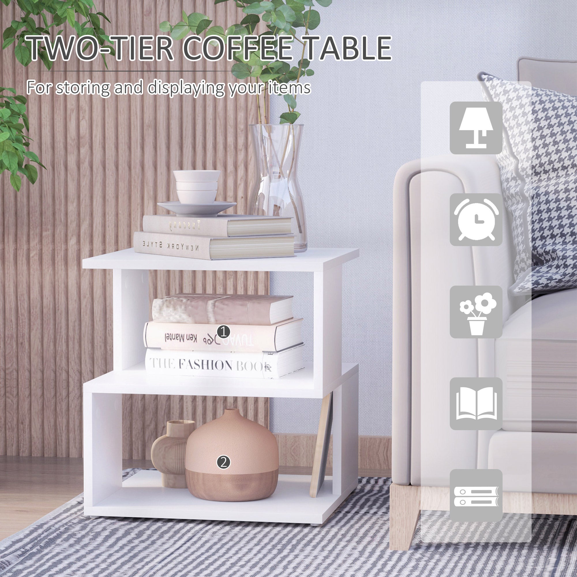 HOMCOM Side Table Square Coffee Table Modern End Table with 2 Tier Storage Shelves for Living Room, Bedroom, White - North Peak Garden Furniture