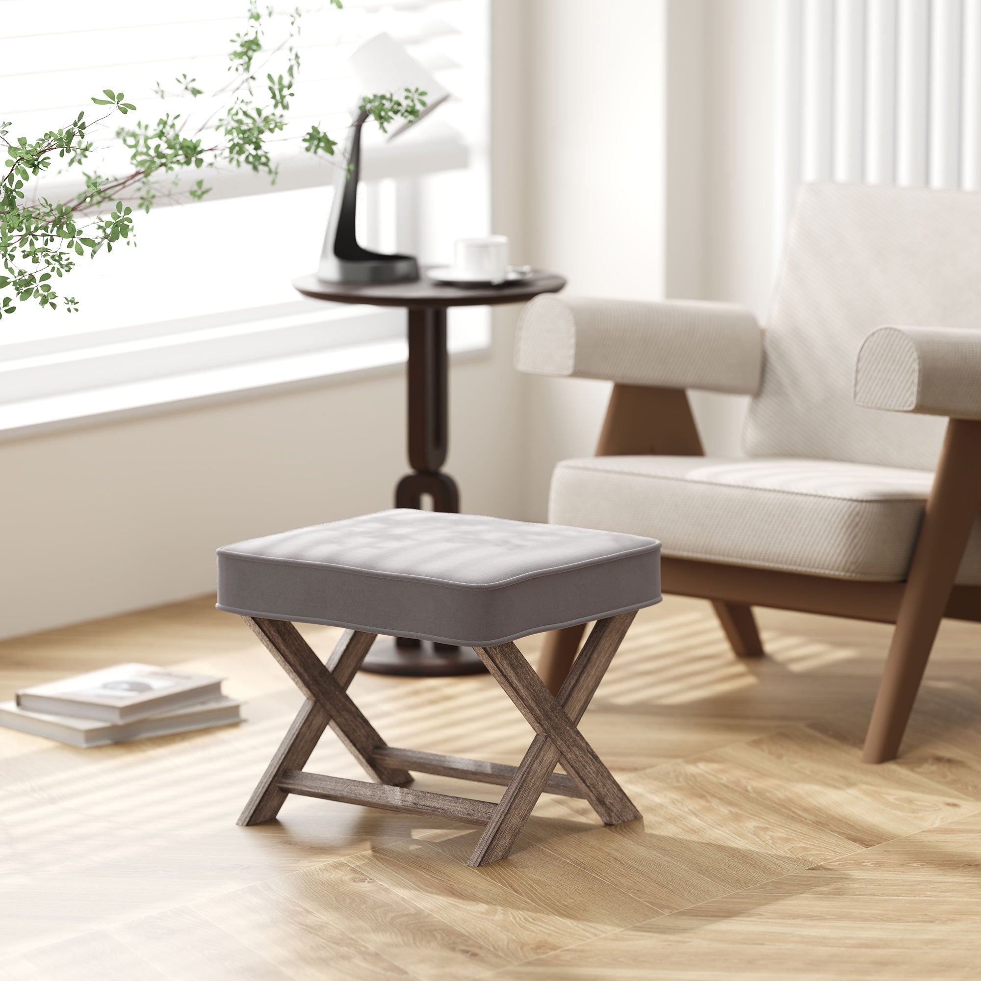 HOMCOM Vintage Footstool Padded Seat X Leg Chair Velvet Cover Shabby Chic Footrest Solid Rubber Wood Frame 49.5 x 45 x 41 cm Grey - North Peak Garden Furniture