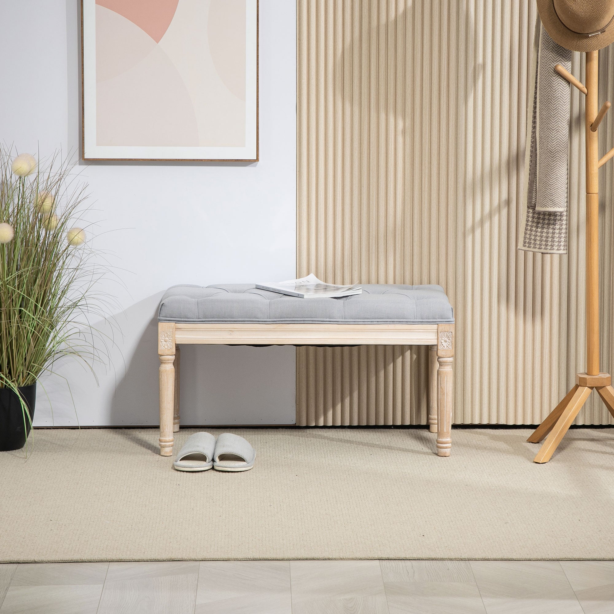 HOMCOM Vintage Wooden Bed End Bench - Light Grey - North Peak Garden Furniture