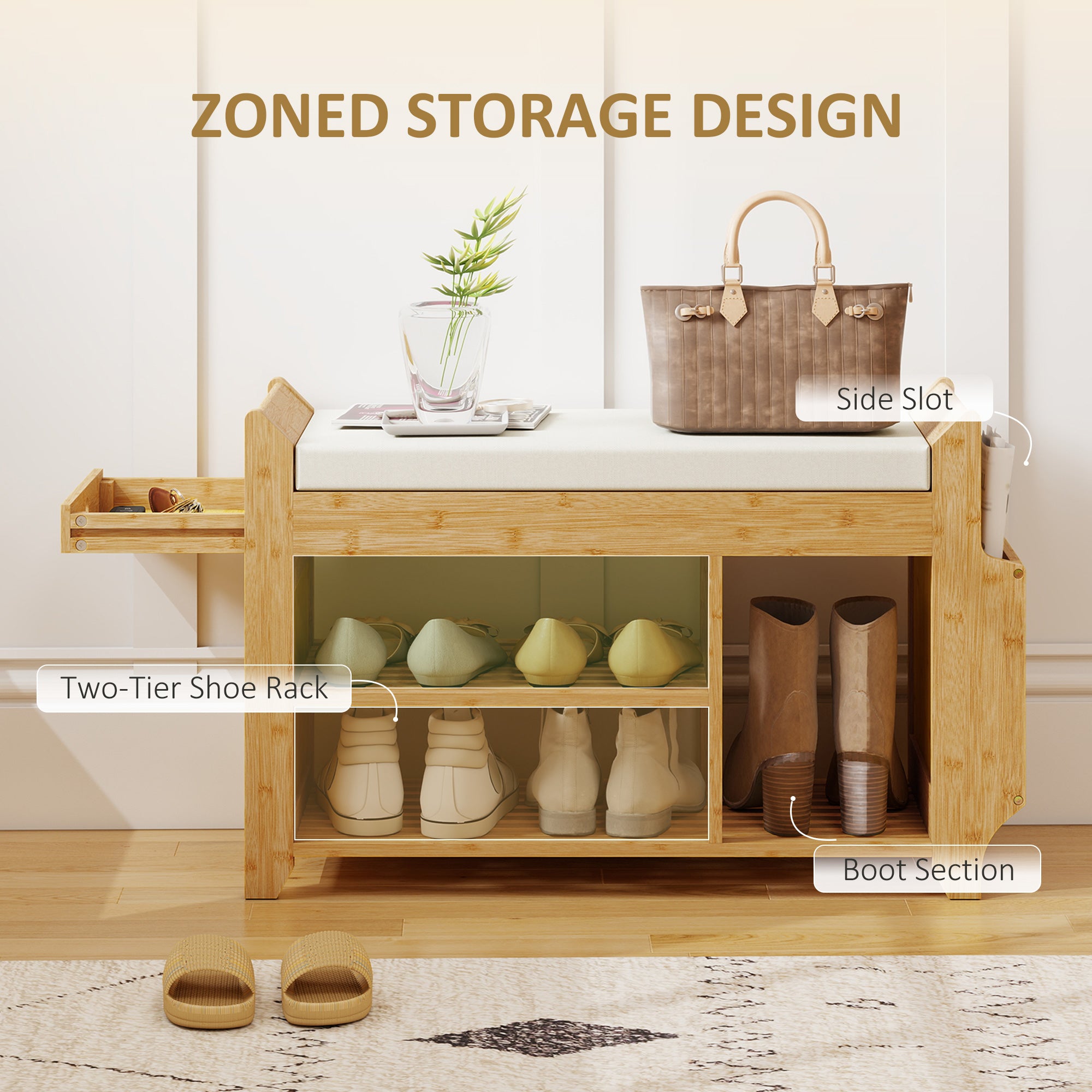 HOMCOM Shoe Bench 2-Tier Boot Section Entryway Storage Bench Cushioned Seat 80 x 30 x 50 cm Natural and Cream