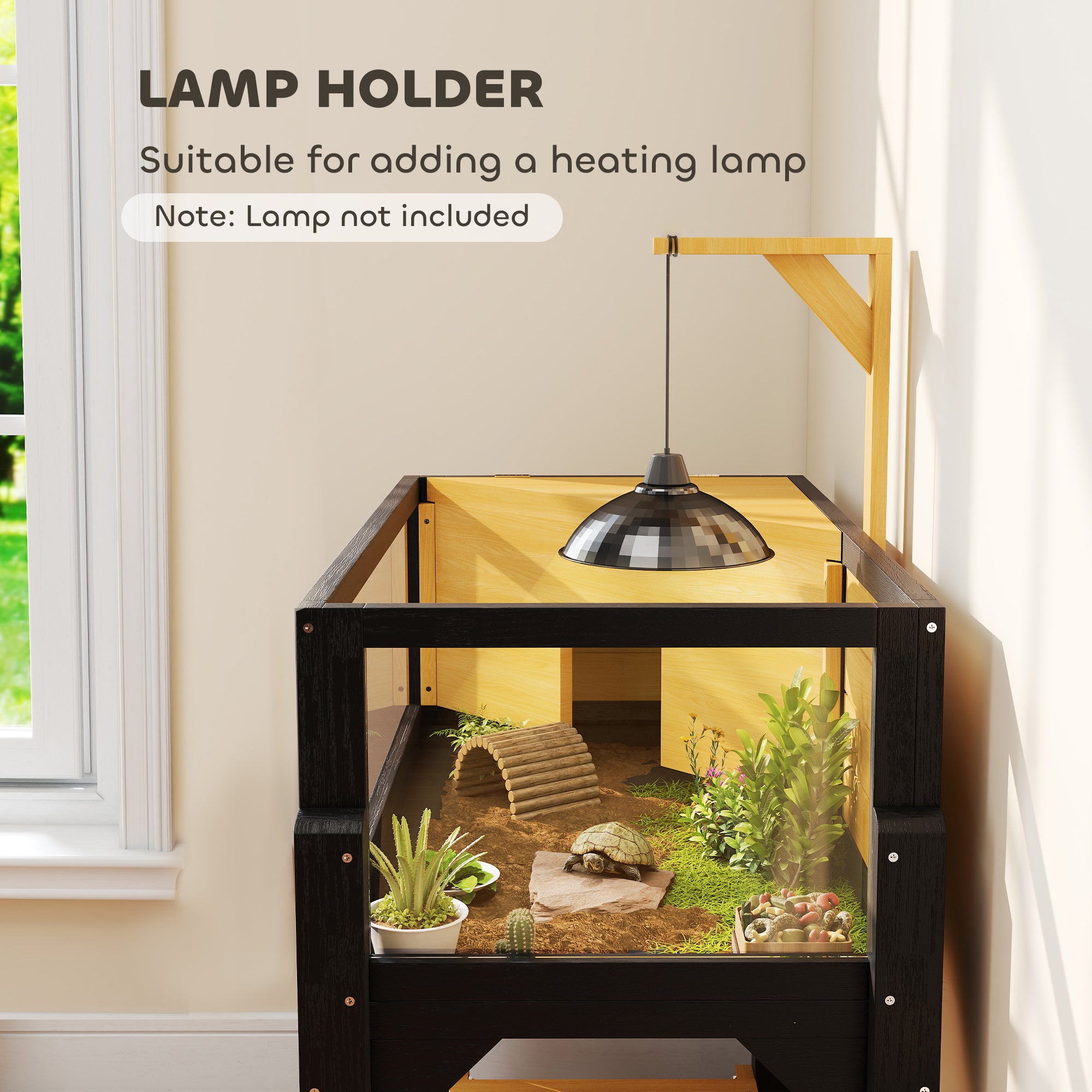 PawHut Wooden Tortoise House with Storage Shelf, Clear Observation Windows, Lamp Holder, Openable Top, Built-in Tray, Yellow