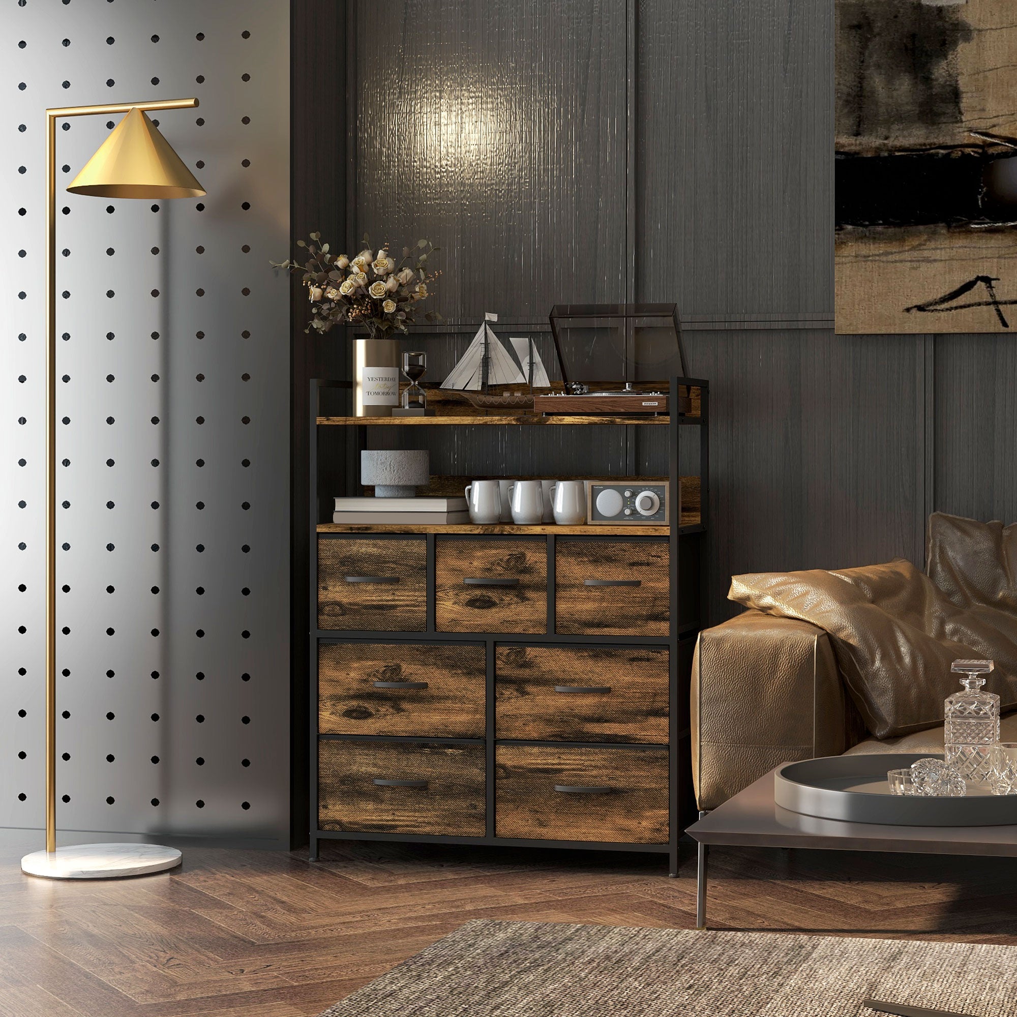 HOMCOM Rustic Chest of Seven Fabric Drawers - Rustic Brown - North Peak Garden Furniture