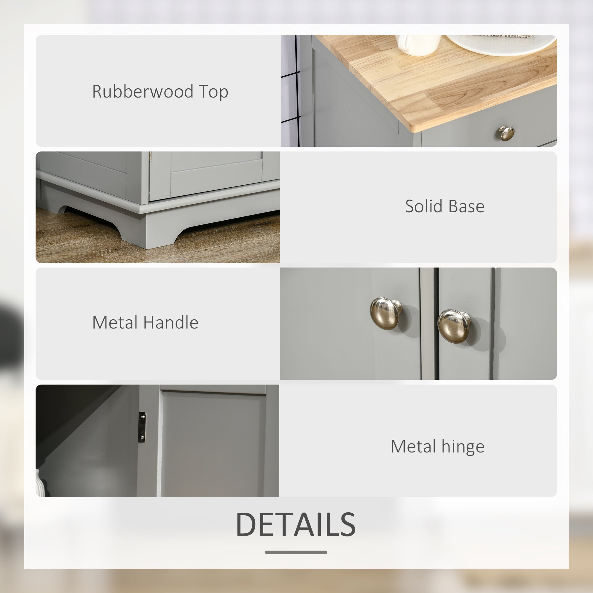 HOMCOM Sideboard with Rubberwood Top and Adjustable Shelves for Dining Room, Kitchen - Grey - North Peak Garden Furniture