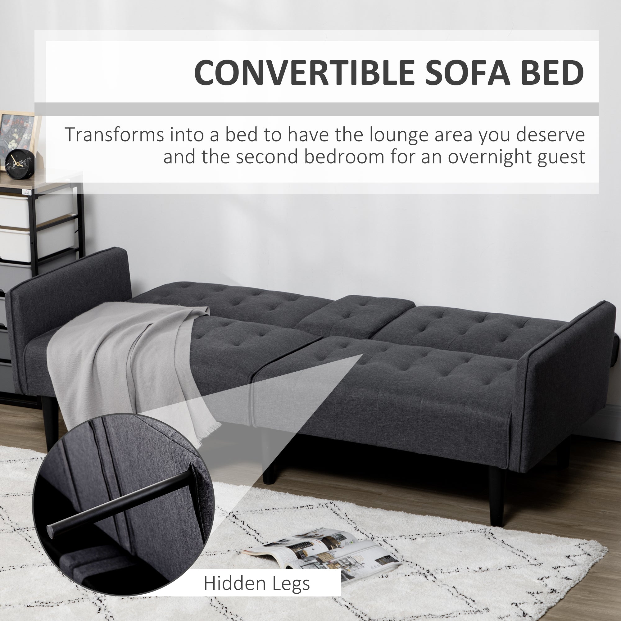 HOMCOM Upholstered Click Clack Sofa Bed, Linen-Feel 3 Seater Sofa Bed with Storage and Cupholders, Grey - North Peak Garden Furniture