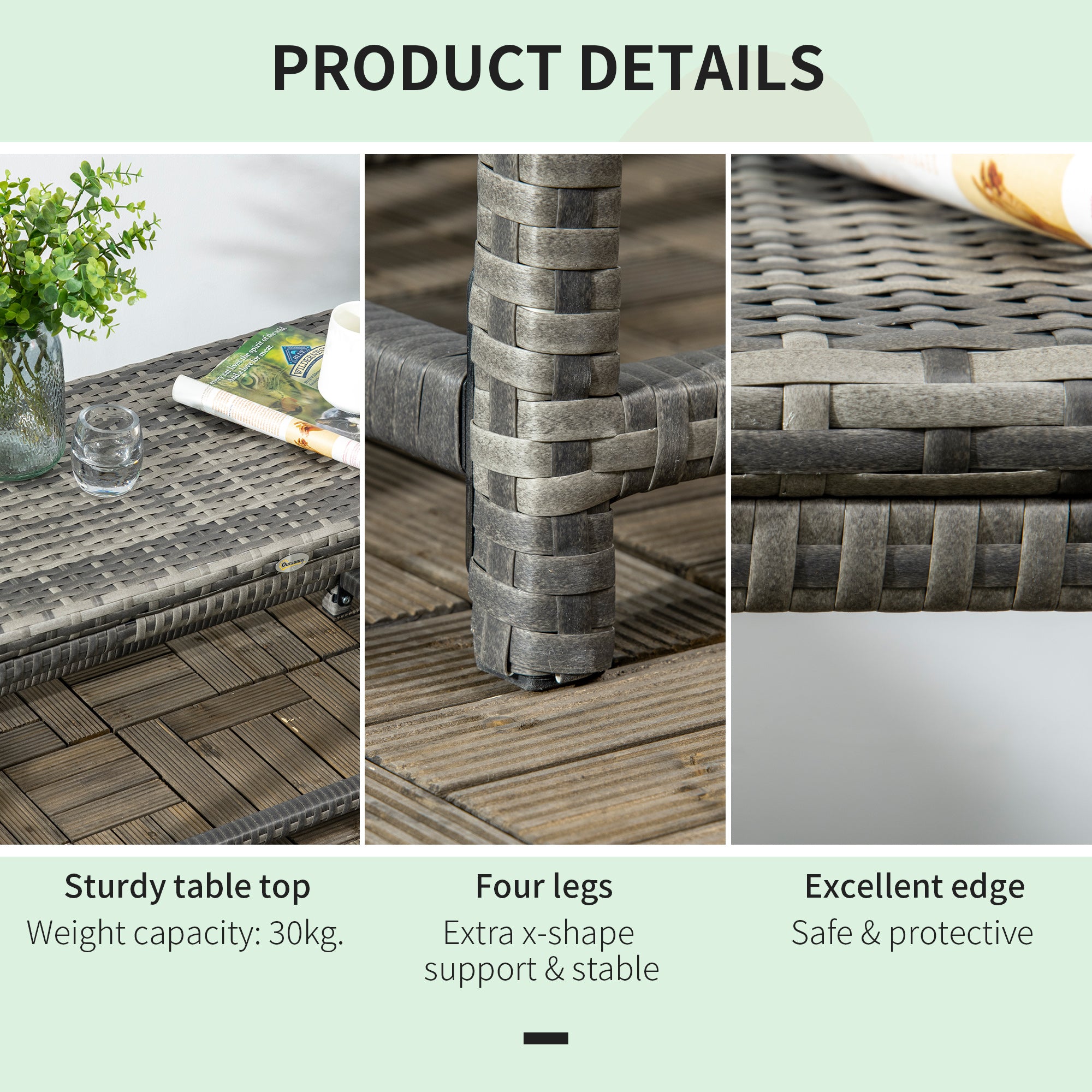 Outsunny Outdoor Coffee Table, Garden PE Rattan Side Table with Plastic Board Under the Full Woven Table Top and Rectangular Frame for Patio, Balcony, Mixed Grey - North Peak Garden Furniture