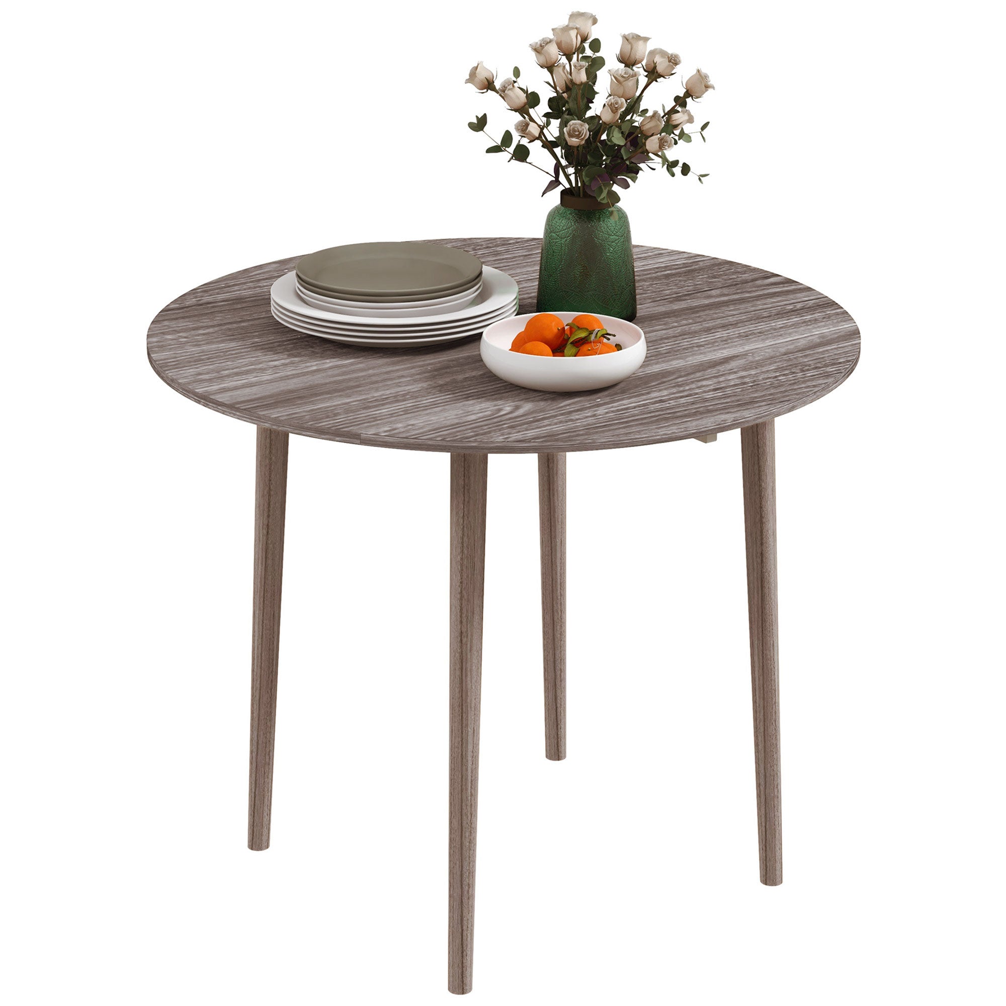HOMCOM Folding Dining Table for 4, Round Drop Leaf Table, Modern Space Saving Small Kitchen Table with Wood Legs for Dining Room, Grey - North Peak Garden Furniture