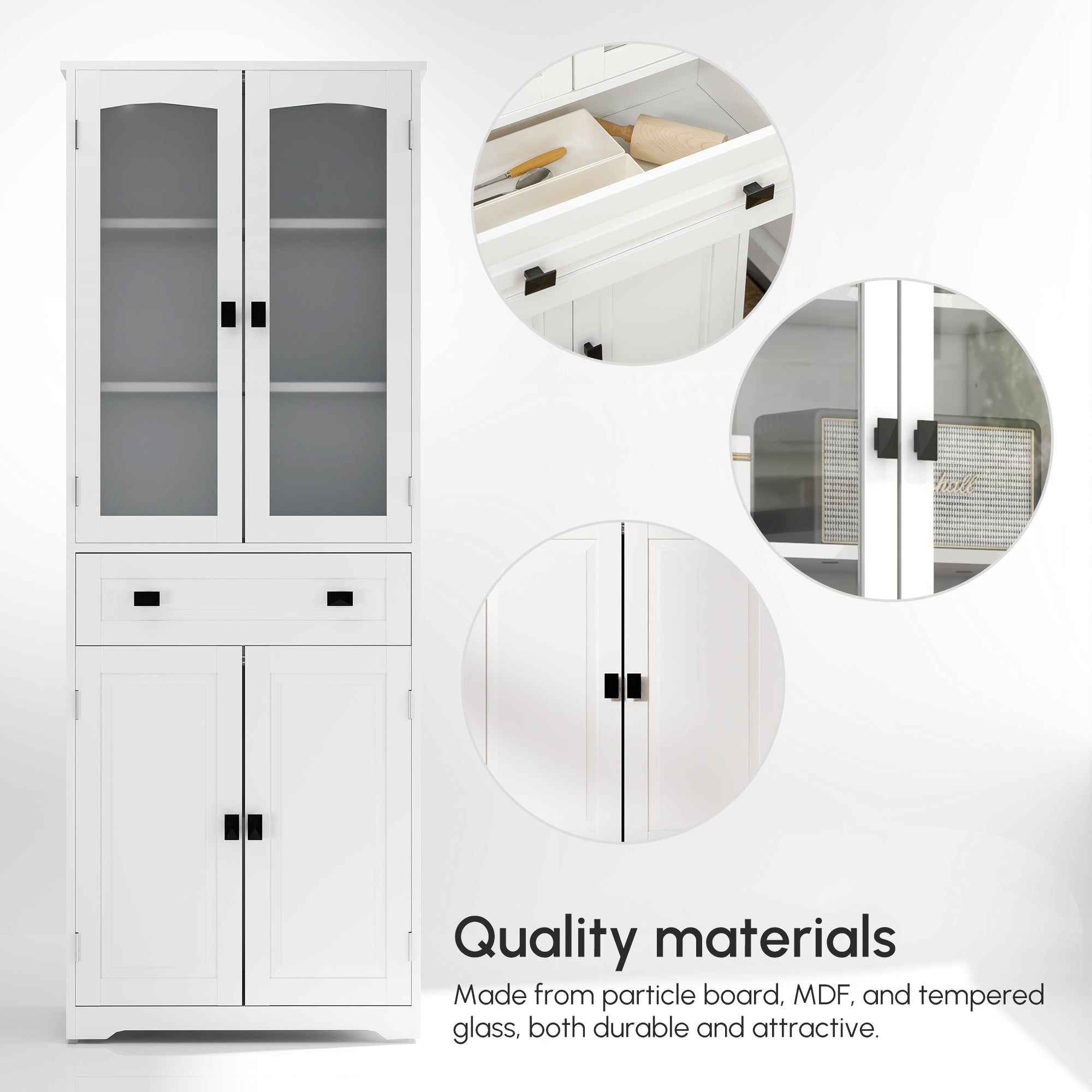 HOMCOM Kitchen Cupboard, Freestanding Storage Cabinet with 2 Adjustable Shelves, Drawer and Glass Door for Living Room, Dining Room, 160cm, White - North Peak Garden Furniture