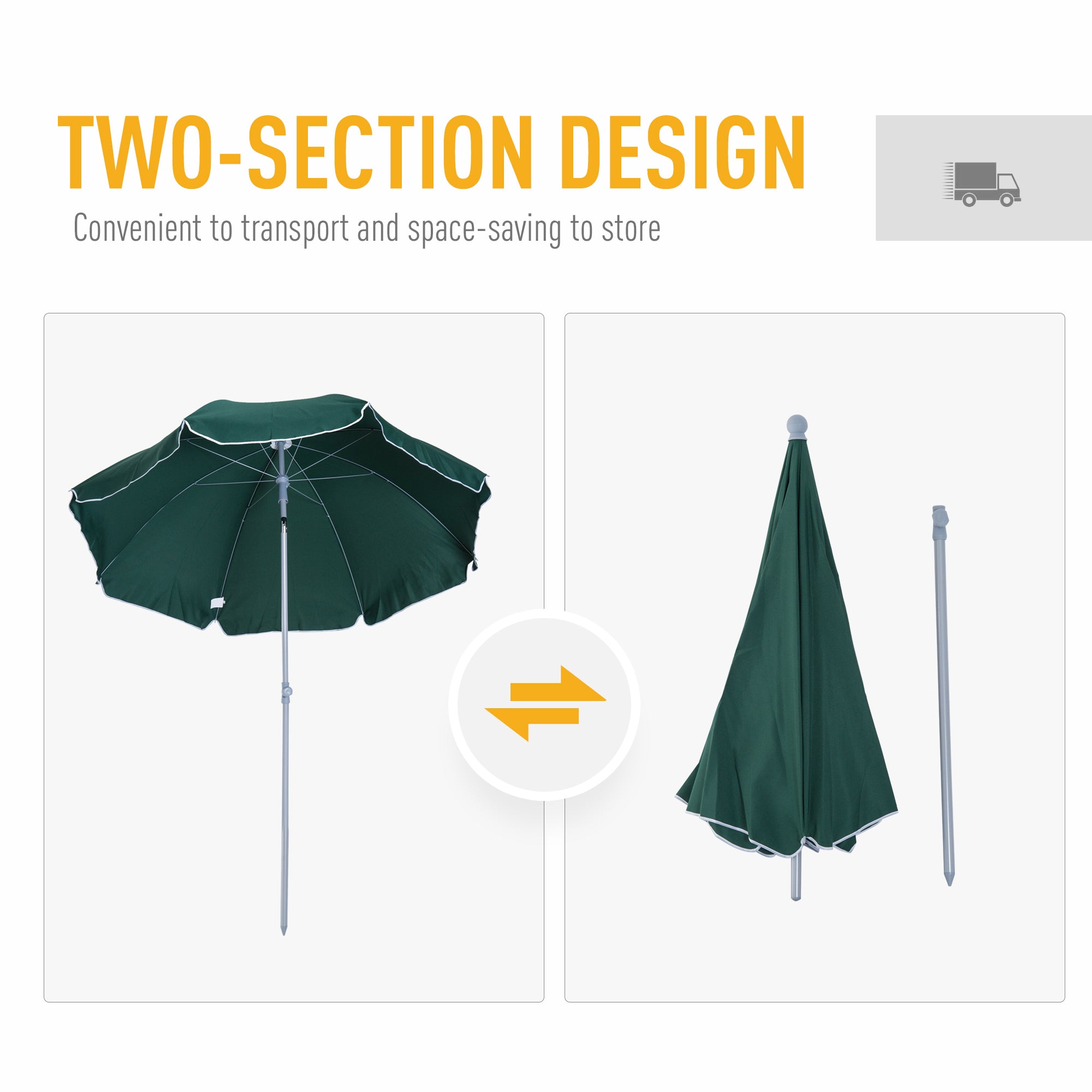 Outsunny 2.2m Beach Umbrella, Portable Parasol with Tilting Function, Outdoor Sunshade Shelter with 8 Ribs, Green - North Peak Garden Furniture