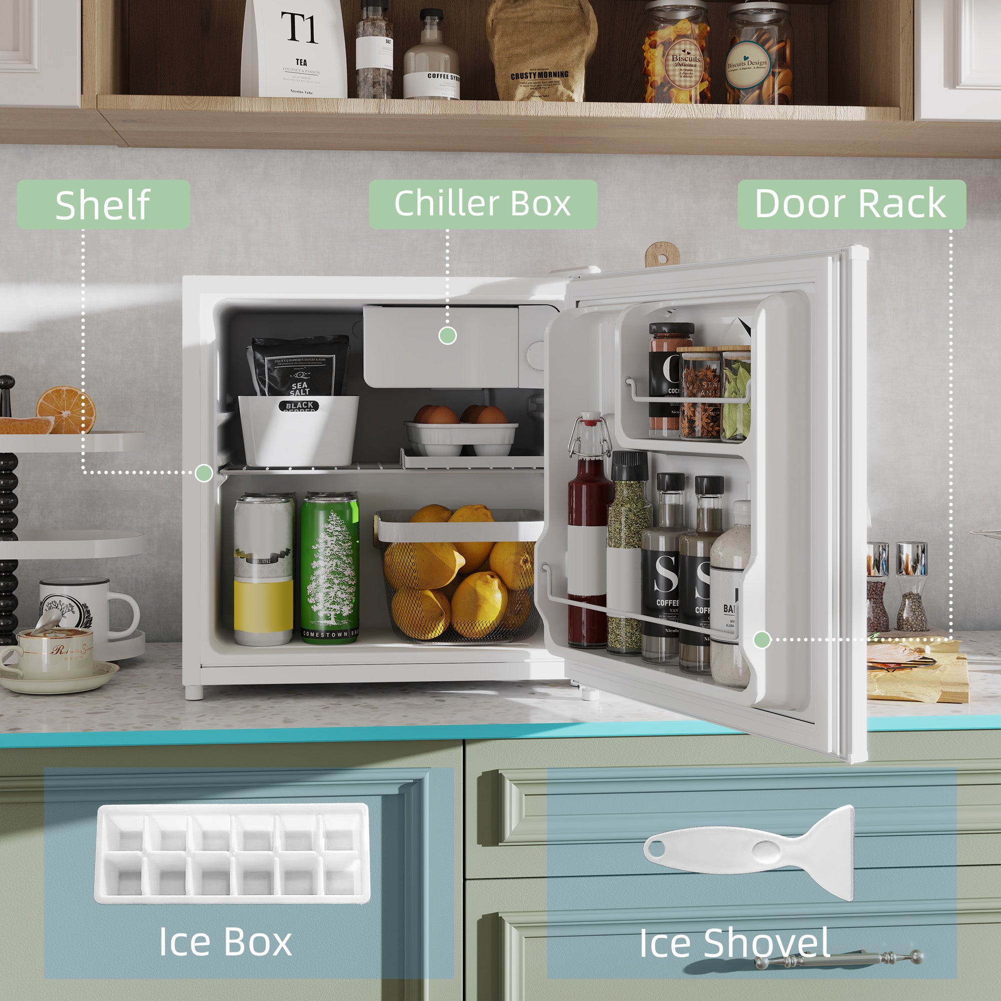 HOMCOM 46 Litre Table Top Mini Fridge, Small Fridge with Ice Box, Reversible Door, Adjustable Temperature and Legs, Mini Fridge for Bedrooms, Home Office, Cream - North Peak Garden Furniture