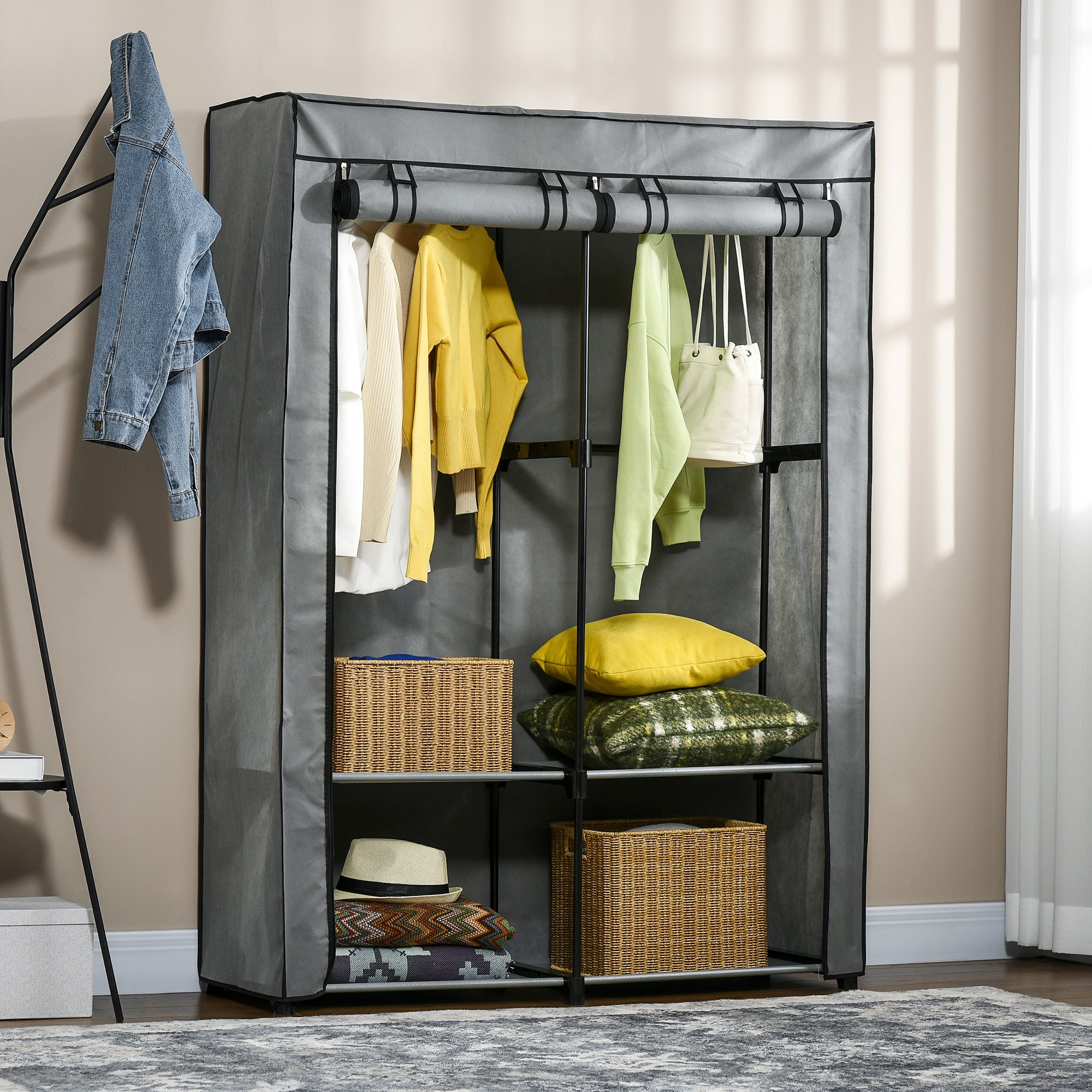 HOMCOM Steel Frame Fabric Wardrobe, with Rail and Shelves - Light Grey - North Peak Garden Furniture