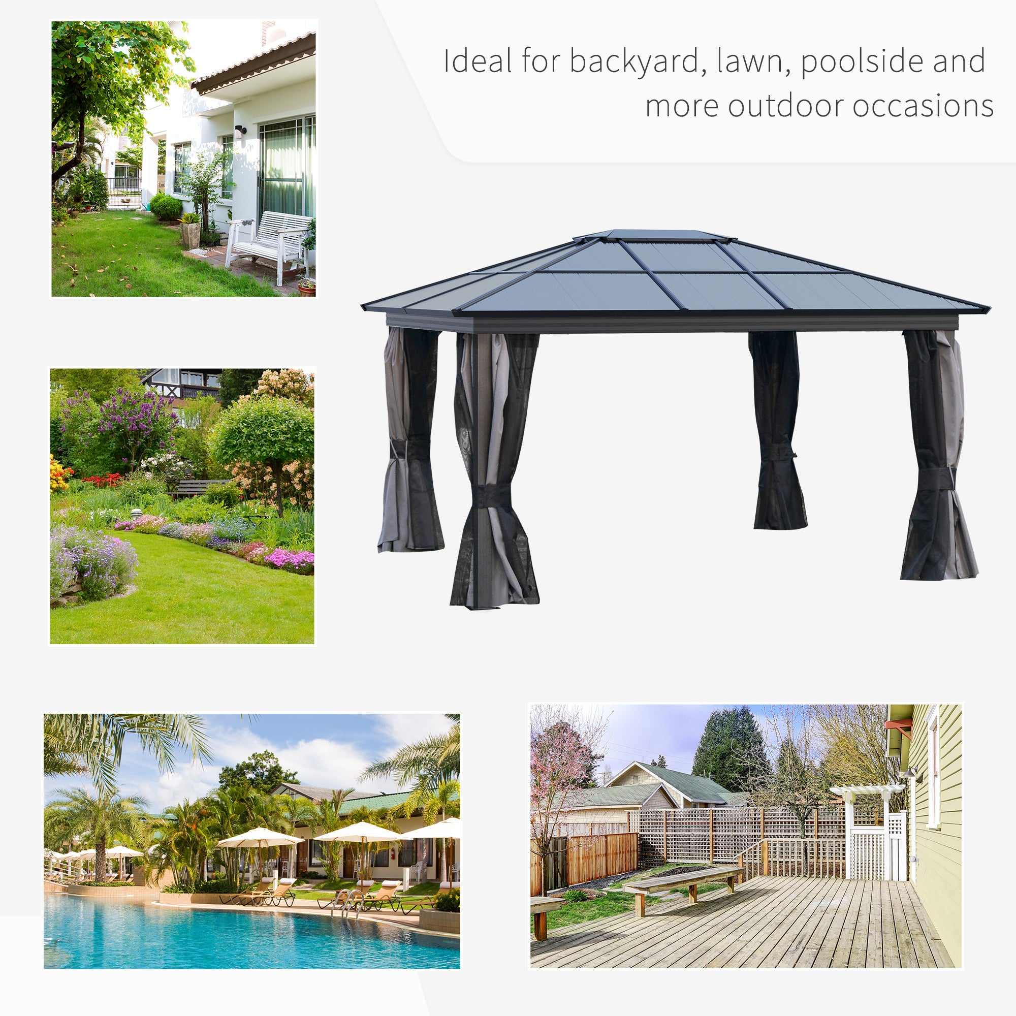 Outsunny 3.6 x 4m Hardtop Gazebo Canopy with Polycarbonate Roof, Aluminium Frame, Permanent Pavilion Garden Gazebo with Netting and Curtains for Patio, Deck, Dark Grey - North Peak Garden Furniture