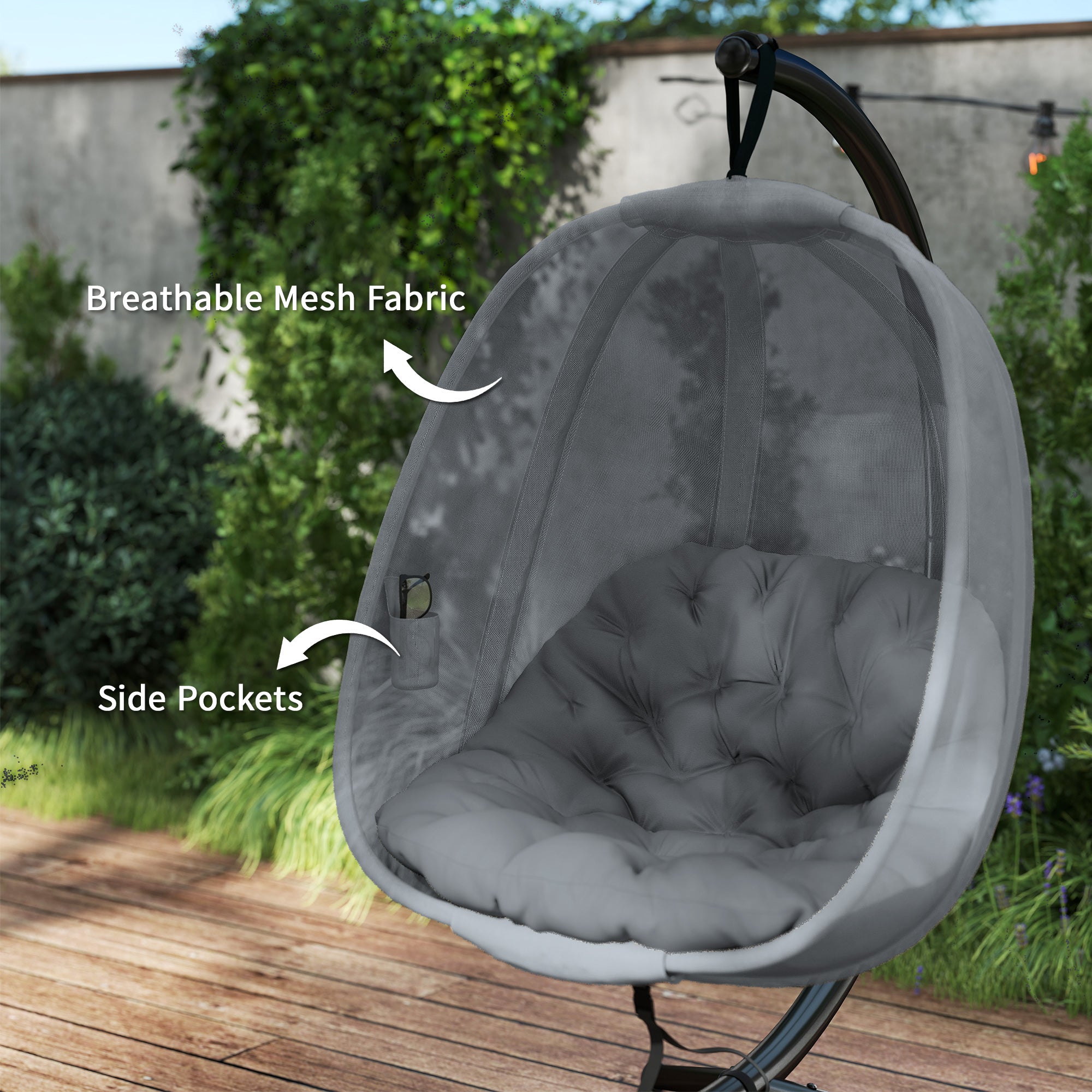 Outsunny Hanging Egg Chair, Folding Texteline Swing Hammock with Side Pocket, Cushion and Stand for Indoor Outdoor, Patio Garden Furniture, Grey